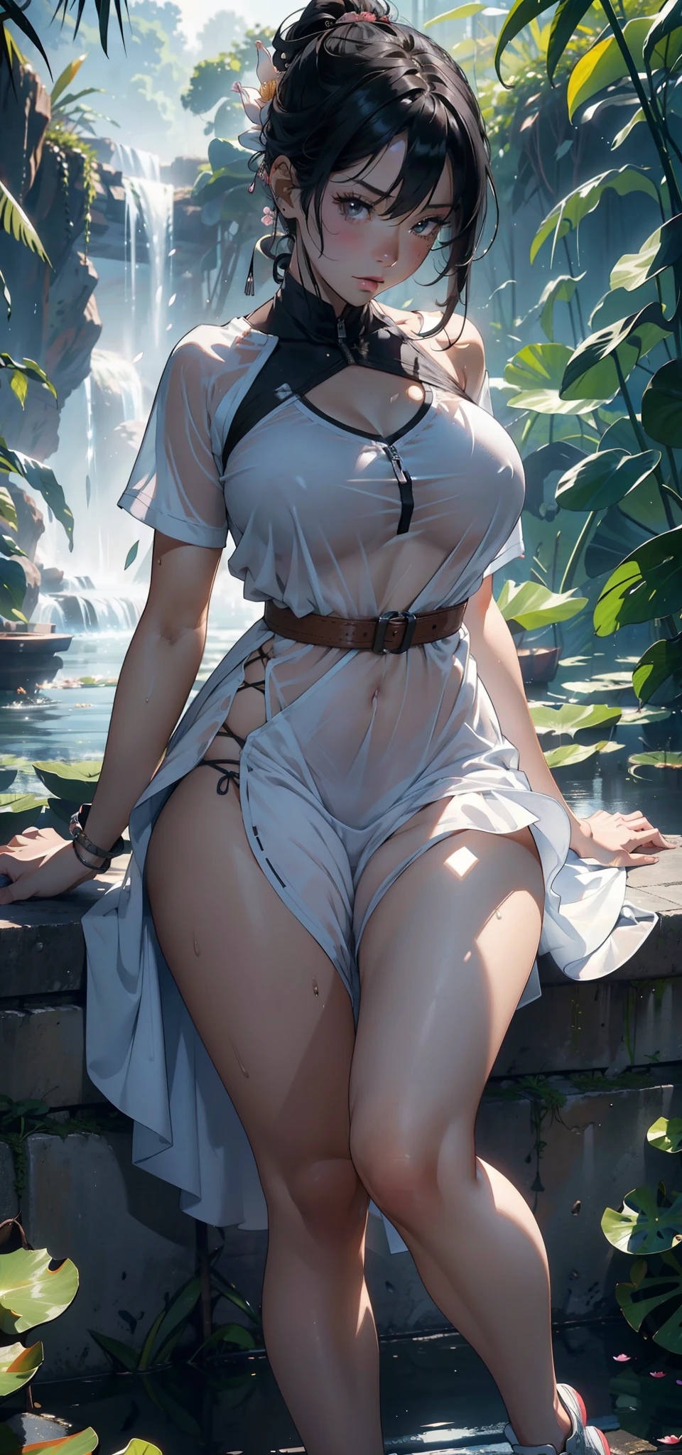 1female,35yo,熟妇,long leges,Big breasts Thin waist,Slim,huge-breasted ,Pornographic exposure, 独奏,(Background with:bamboo forrest,lotuses,lotus flower,exteriors,Lotus pond) She has short black hair,standing on your feet,Sweat profusely,drenched all over the body,seen from the front, hair straight, mostly cloudy sky,(((tmasterpiece),(Very detailed CG unity 8K wallpaper),best qualtiy,cinmatic lighting,detailed back ground,beatiful detailed eyes,Bright pupils,Black eyes,(Very fine and beautiful),(Beautiful and detailed eye description),ultra - detailed,tmasterpiece,)),facing at camera,A high resolution,ultra - detailed),revealing breasts,Bare genitalia, Bulge,legs are open,Raised sexy,Camel toes,Flushed complexion,Open-mouthed,frontage,White floral headband,elementary student(Wearing:Sexy Lulu dress,athletic sneakers)The camera looks from the bottom up