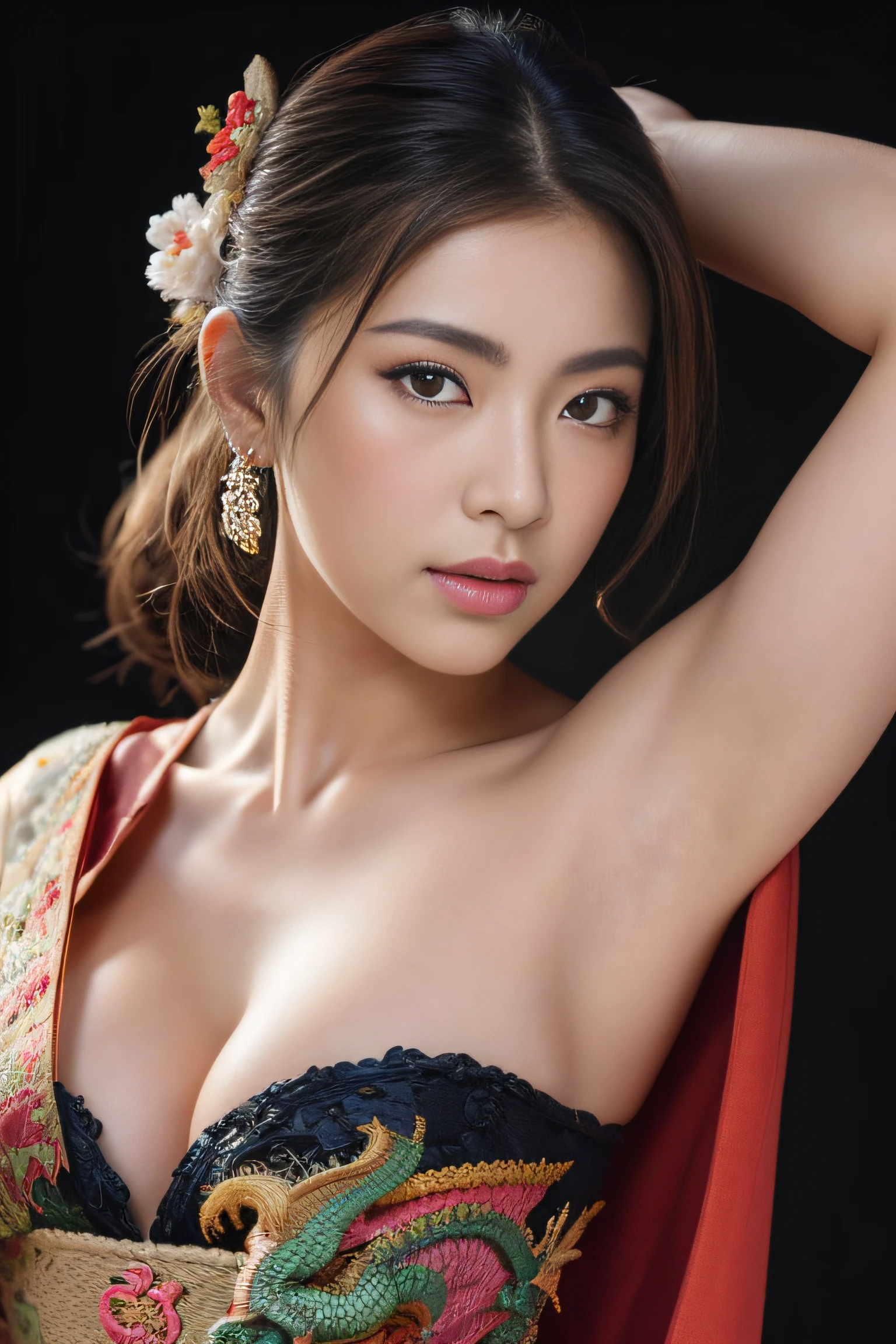 (masterpiece:1.2), ultra detailed, ultra high res, (realistic, photo realistic:1.37), high detail RAW color photo, professional photograph, an extremely delicate and beautiful, extremely detailed, finely detail, huge file size, extremely detailed beautiful girl, extremely detailed face, extremely detailed eyes, extremely detailed skin, extremely detailed nose, extremely detailed mouth, perfect anatomy, highly detailed background, (a famous actress of Japan:1.2), (gyaru:1.1), (flat chest:1.2), Dynamic lighting, Steampunk, full body, (kimono with dragon embroidery:1.3), black background, bare shoulders, (dynamic pose:1.1), (armpit:1.3),