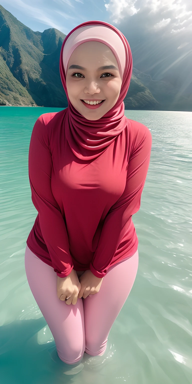 (best quality, masterpiece), 1 malay girl in hijab, happy pose, smile, laughing, ocean, long sleeve red tshirt, leggings, blush, looking at viewer, cloud, splashing, waves, sun, mountain, wet