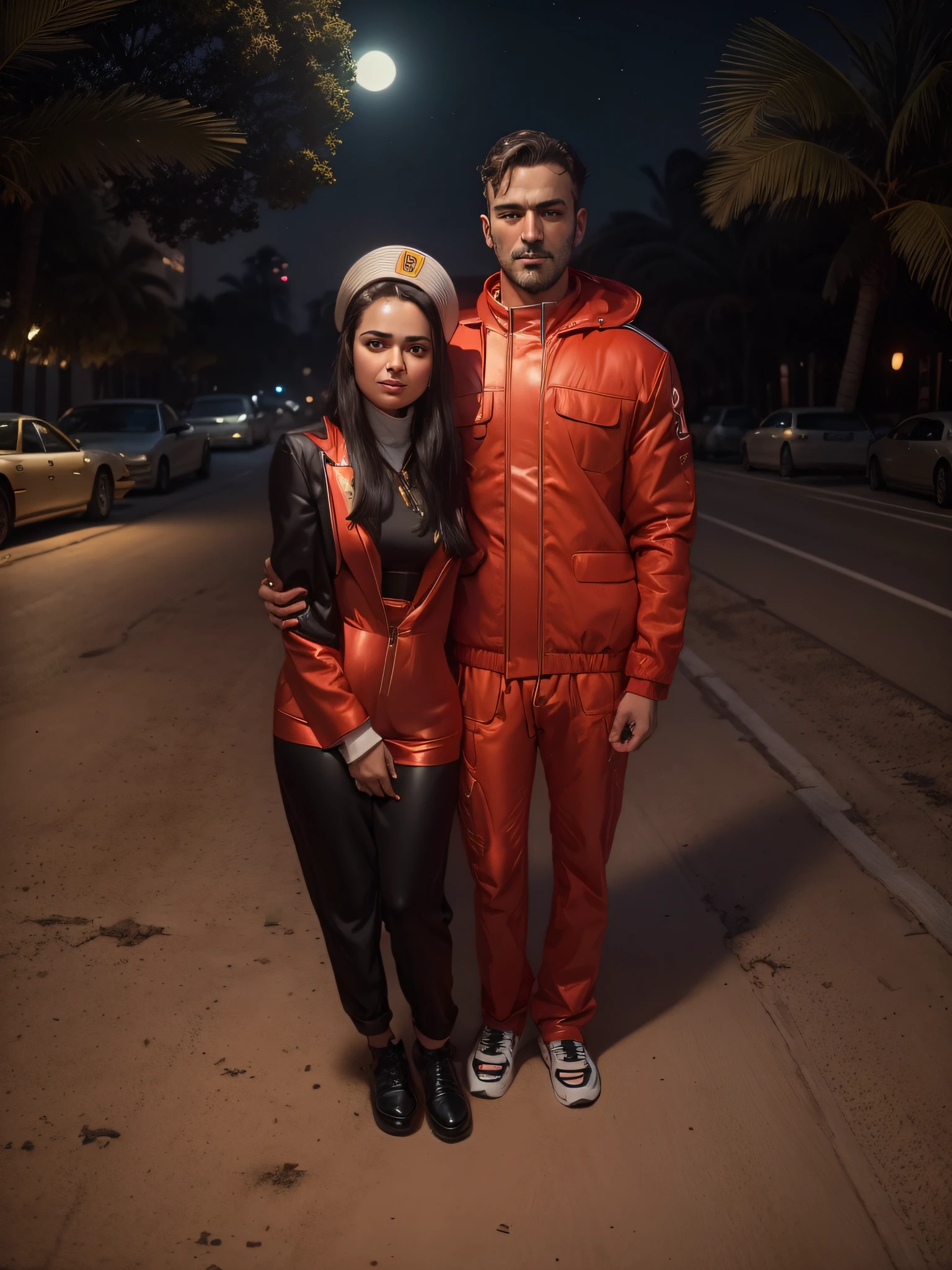 Young Turkish girl with Italian man in Miami ,Retro vibes with Ferrari testarossa , Enjoying the scenery at night , Next to palm trees , In a black Khadi sari , Mehvish Life, A man and a woman are standing nearby, Air Force Jumpsuit, Realistic full-length portrait, Wearing an athletics suit, ussr suit, uniform, in a tracksuit