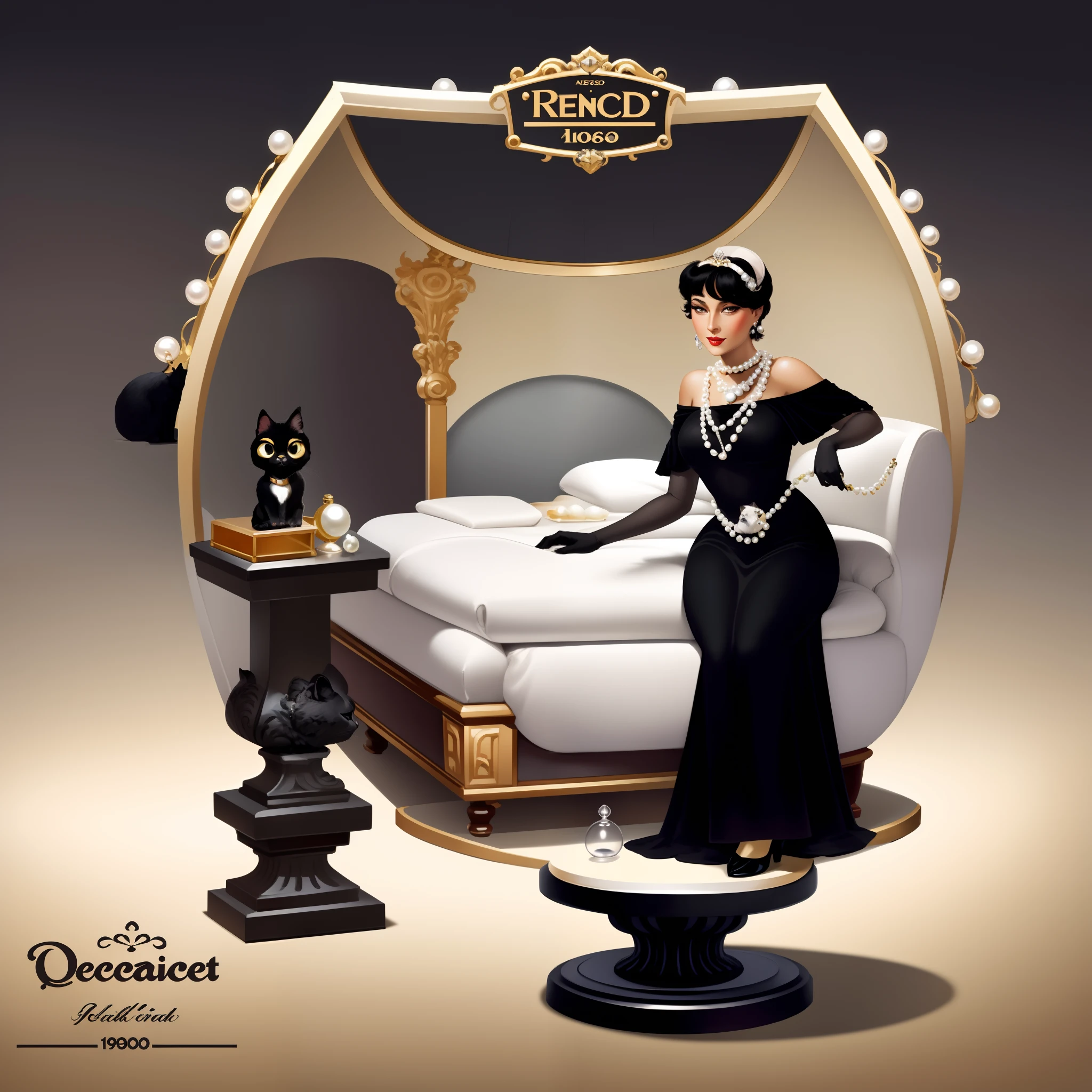 vector art, arafed black cat sitting on a pedestal with a pearl necklace, elegant cat, 1920s advert, 1960s advertisement, luxury advertisement, magazine advertisement, 1960s perfume bottle ads,