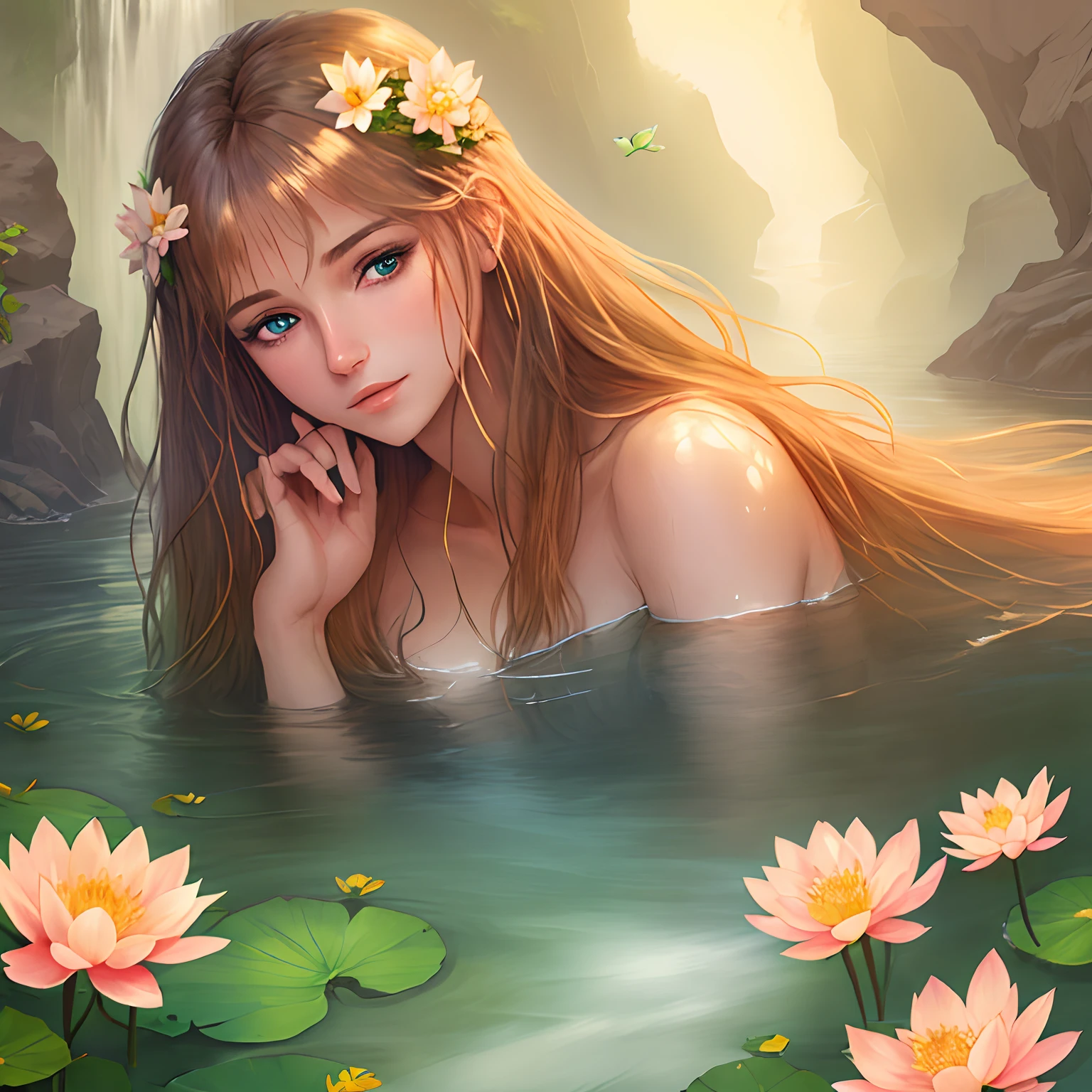 Masterpiece, 1girl,, beautiful and delicate face, age:21, long hair, medium chest, hair flower, water on the skin, shyness, butterfly, meadow, waterfall, lotus, dawn, (very detailed), (realistic), bright colors, bright, deep shadows, dynamic light, colorwater --v6