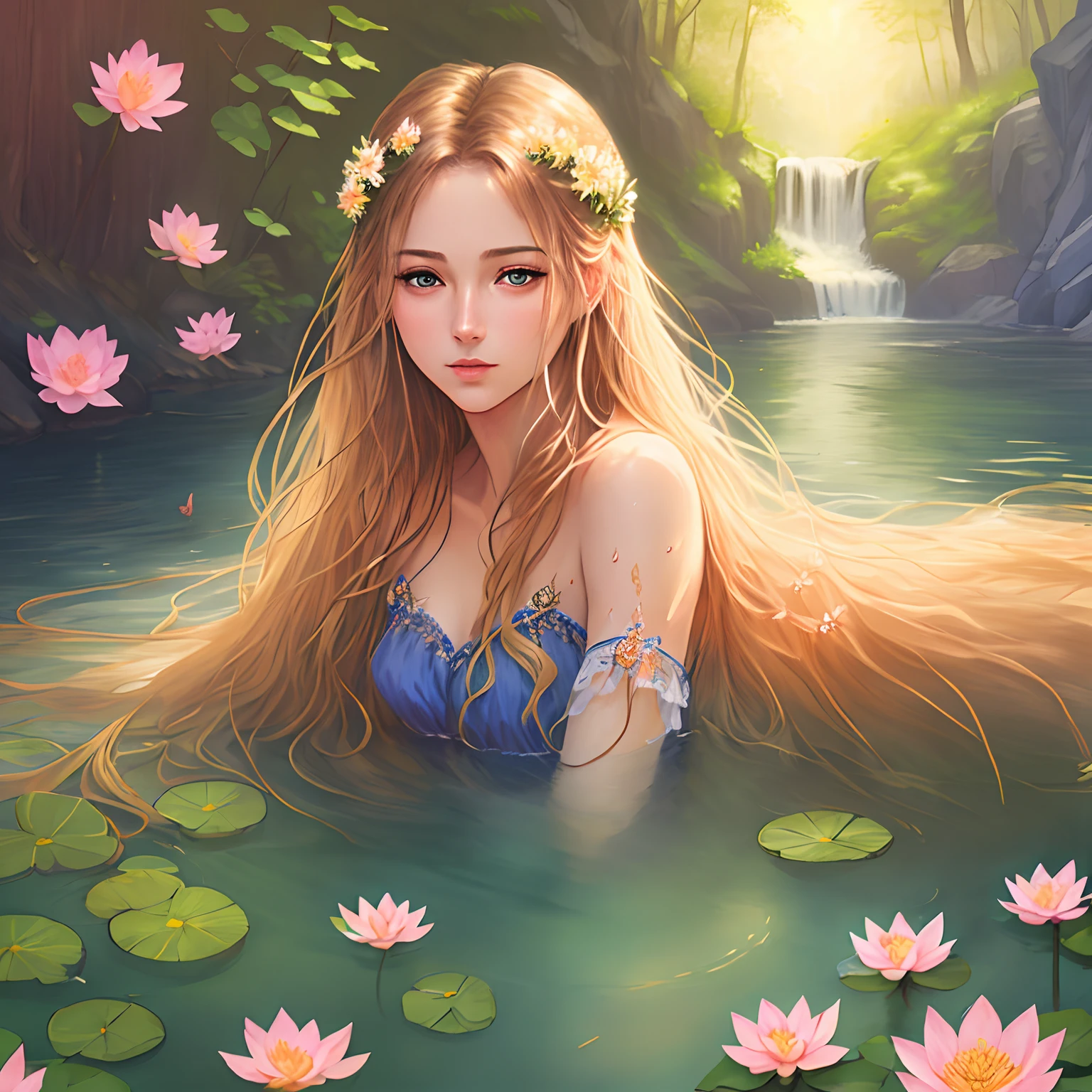 Masterpiece, 1girl,, beautiful and delicate face, age:21, long hair, medium chest, hair flower, water on the skin, shyness, butterfly, meadow, waterfall, lotus, dawn, (very detailed), (realistic), bright colors, bright, deep shadows, dynamic light, colorwater --v6