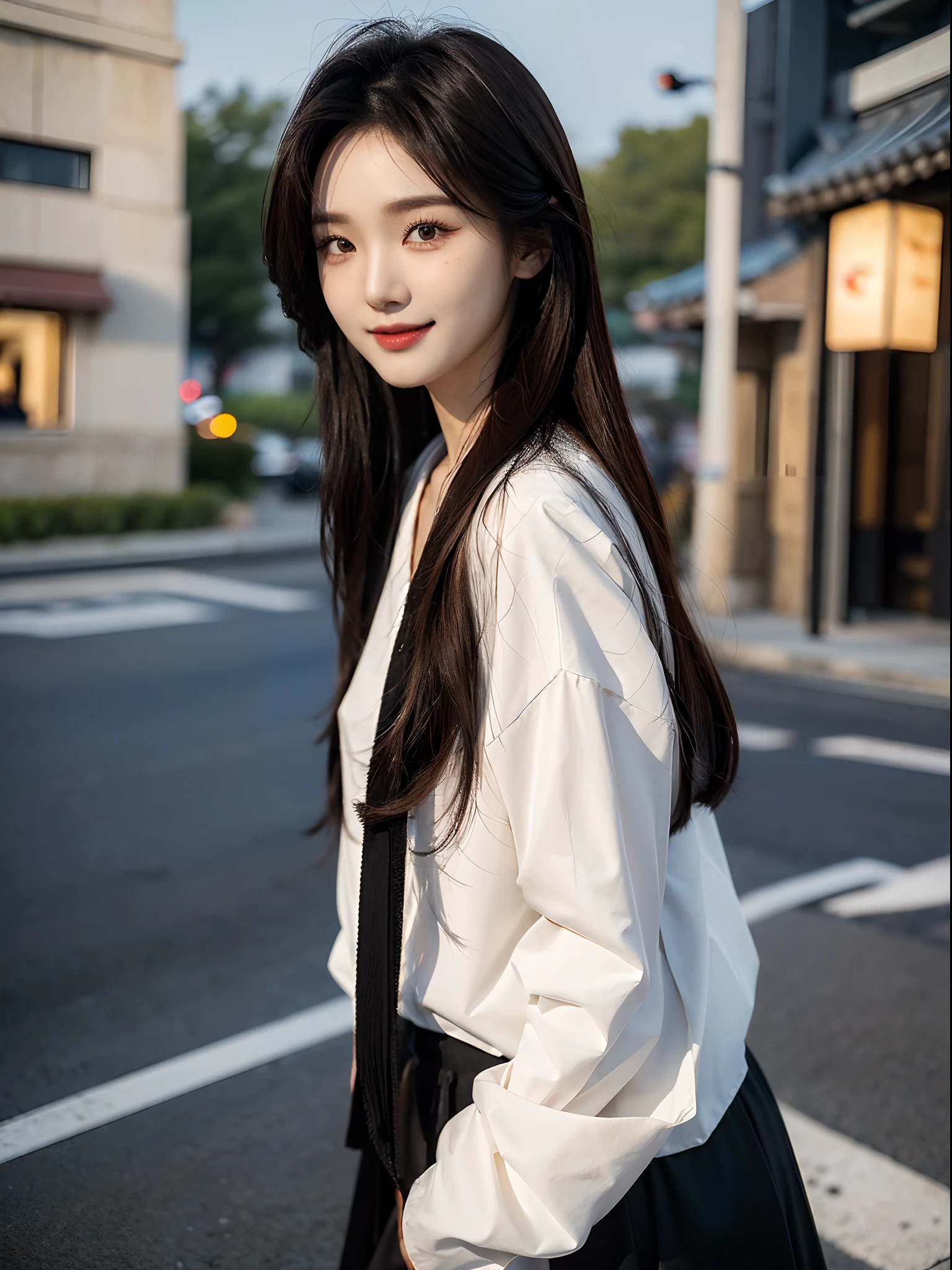 ​masterpiece、top-quality)、1 beutiful girl、Slim body、((Black and white plain clothes:1.1))、(Detailed beautiful eyes)、Walking together on the road at night、Face similar to Chaewon in Le Selefim、((Boyish Brown Medium Hair))、((Smaller face))、((Neutral face))、((Light brown eyes))、((Korean Girl))、((18year old))、((cool lady))、((A shy smile on his face))、((Korean Makeup))、((elongated and sharp eyes))、((Happy dating))、((boyish))、((She is walking in front of the viewer))、((Looking Up))、((shot from a side angle))