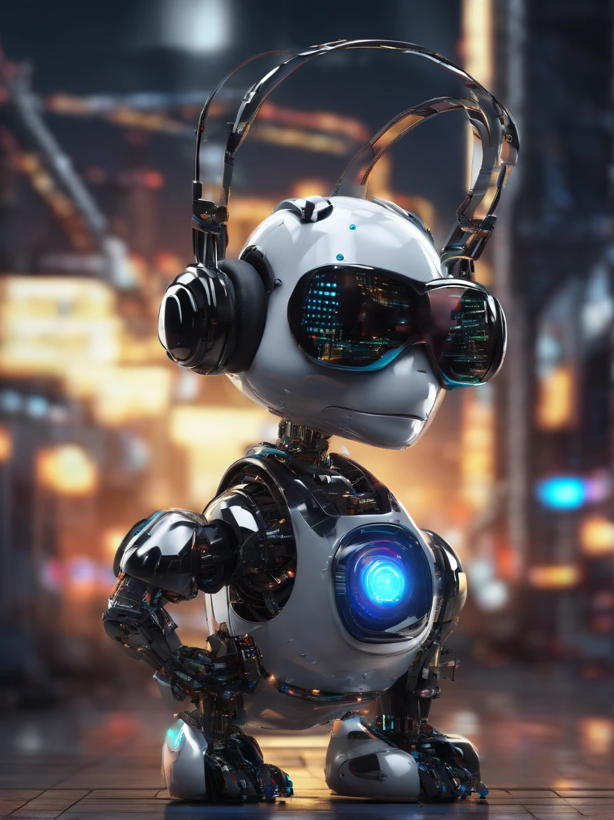 A panda robot,, Wearing sunglasses, with headphones on, Standing position, Abstract beauty, Centered, Looking at the camera, Facing the camera, nearing perfection, Dynamic, Highly detailed digital painting, concept-art, 8K, high definition resolution