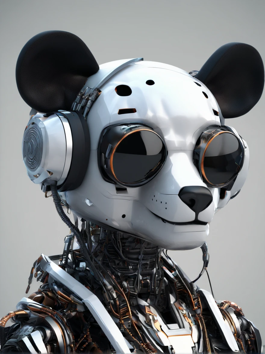 A panda robot,, Wearing sunglasses, with headphones on, Standing position, Abstract beauty, Centered, Looking at the camera, Facing the camera, nearing perfection, Dynamic, Highly detailed digital painting, concept-art, 8K, high definition resolution