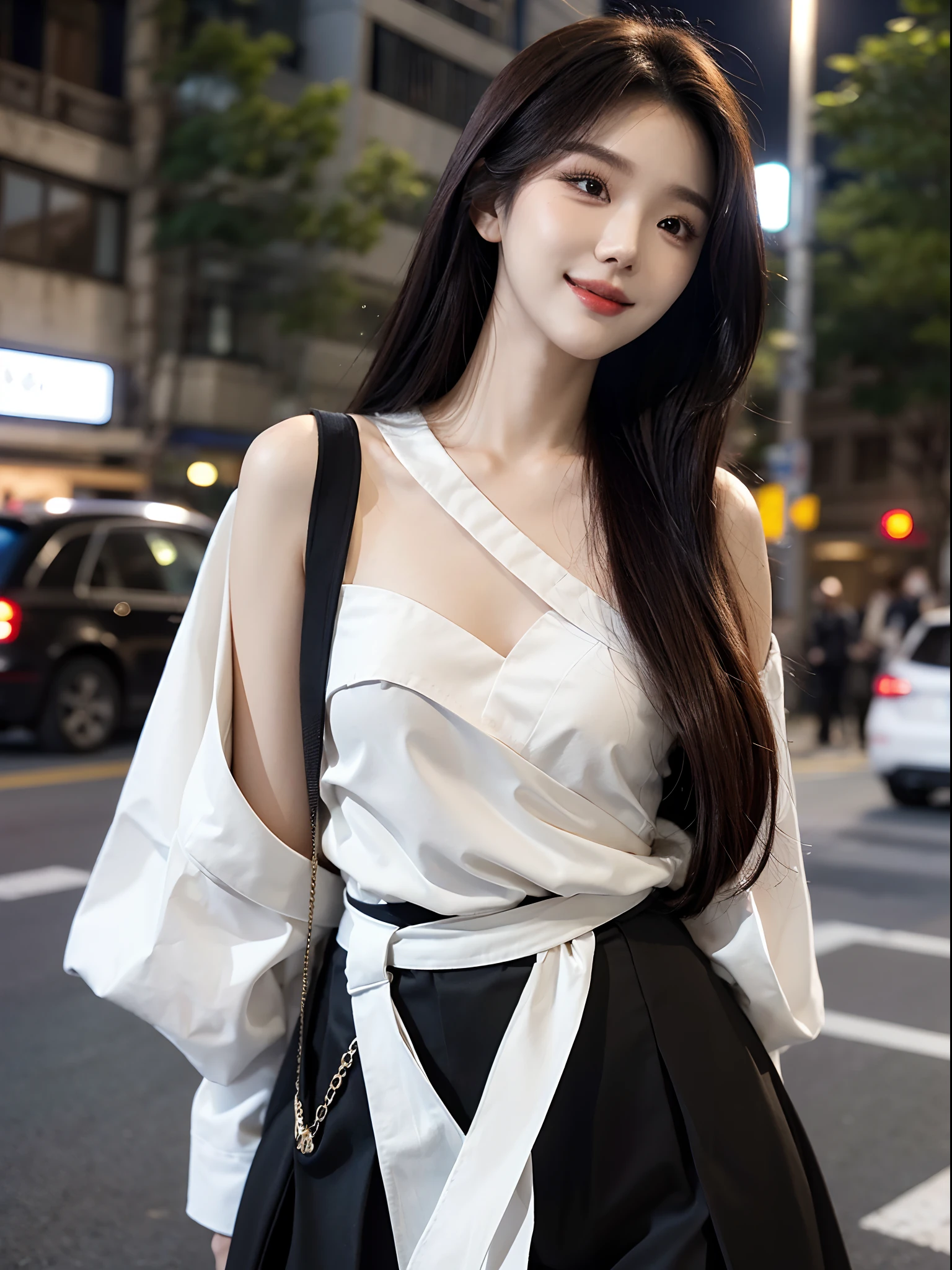 masterpiece、top-quality)、1 beutiful girl、Slim body、((Black and white plain clothes:1.1))、(Detailed beautiful eyes)、Walking together on the road at night、Face similar to Chaewon in Le Selefim、((Boyish Brown Medium Hair))、((Smaller face))、((Neutral face))、((Light brown eyes))、((Korean Girl))、((18year old))、((cool lady))、((A shy smile on his face))、((Korean Makeup))、((elongated and sharp eyes))、((Happy dating))、((boyish))、((She is walking in front of the viewer))、((Looking Up))、((shot from a side angle))