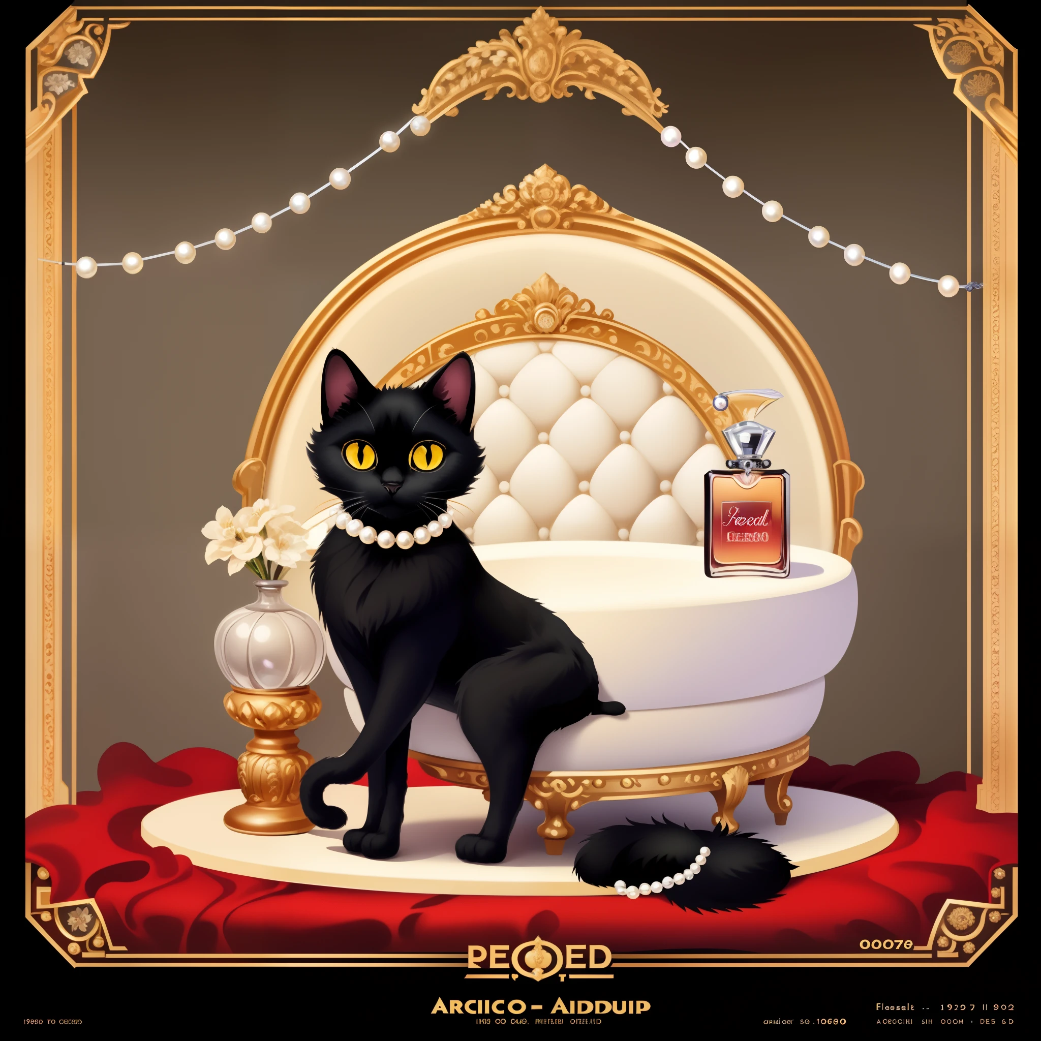 vector art, arafed black cat sitting on a pedestal with a pearl necklace, elegant cat, 1920s advert, 1960s advertisement, luxury advertisement, magazine advertisement, 1960s perfume bottle ads,