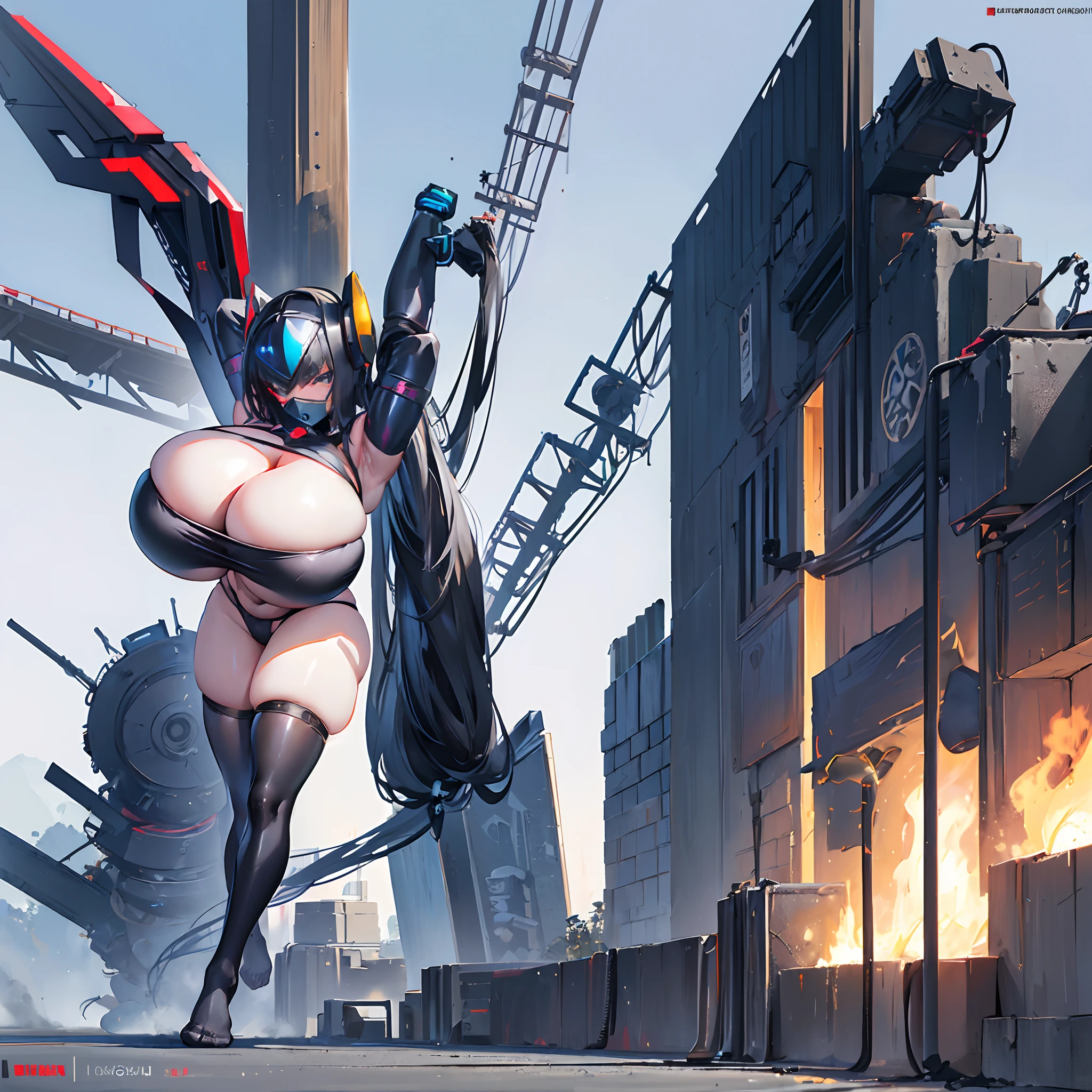 Ninja girl,(gigantic cleavage breasts:1.6),black pantyhoses,black long hair,Mechanical helmet,no shoes,Raise your legs,stand posture,Full body like,Para cobrir seu rosto,Gas masks,Black slingshot swimsuit,exposing your navel,Expose the armpits,white backgrounid,simplebackground