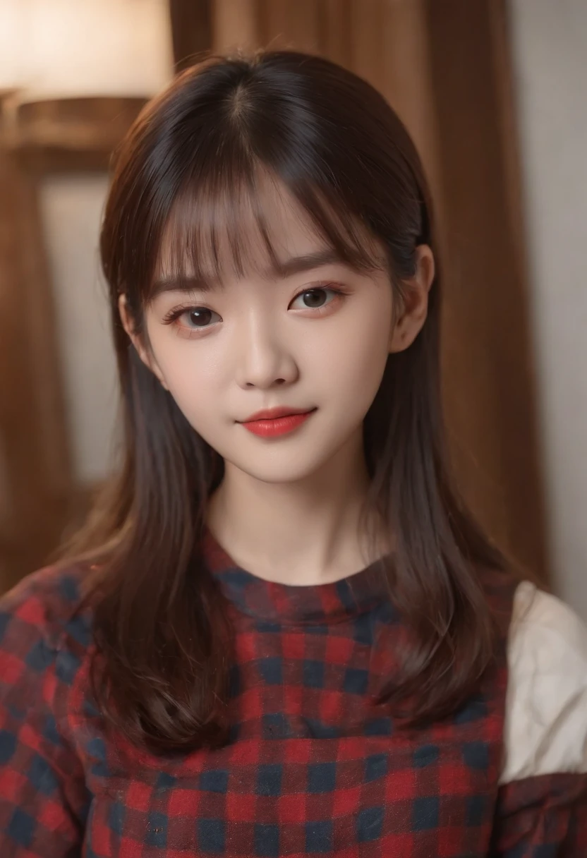 top-quality, Photorealsitic, masterpiece, 8K, Hi-Res, 独奏, 1girl, (((infp young woman))),、full bodyesbian、(small tits), ((Look at viewers)), (look at a camera), ((Various hairstyles close to long))、Perfect straight black hair、((With bangs))、 (profetional lighting), Highly detailed bright face、Gentle Japan girl、lovely smile、Red T-shirt(long-sleeve)、Checked pleated skirt、Standing in the room