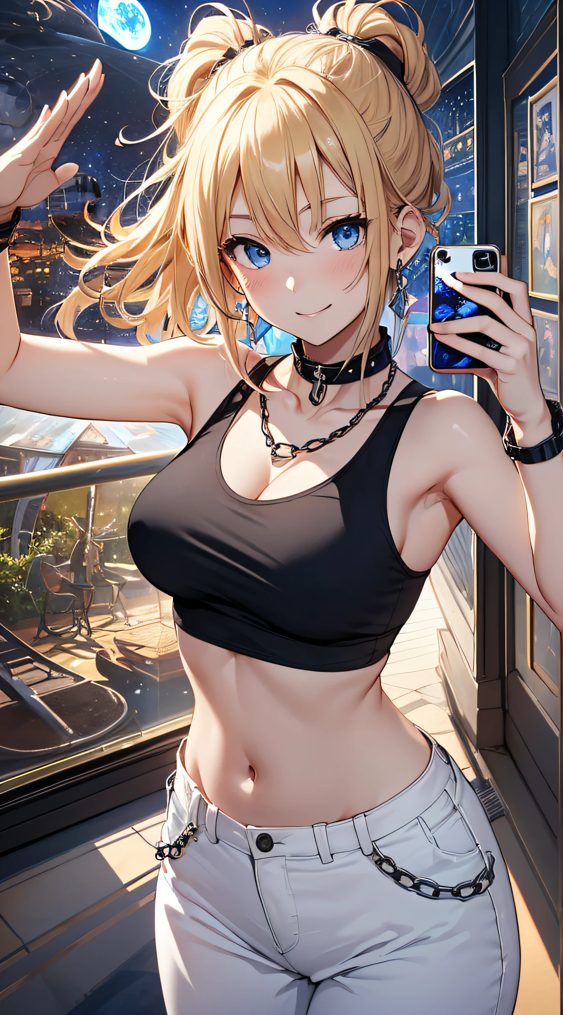 top-quality、Top image quality、​masterpiece、girl with((18year old、tatteredclothing、Black Navel Tank Top、White pants、Best Bust、Bust 85、a blond、disheveled ponytail、Blue eyes、open chest wide、Happiness、Chain Accessories、Black wristband on wrist、Selfie wind、saluting、Wink in right eye)）hiquality、visualart、Background with((Planetarium House))、masutepiece