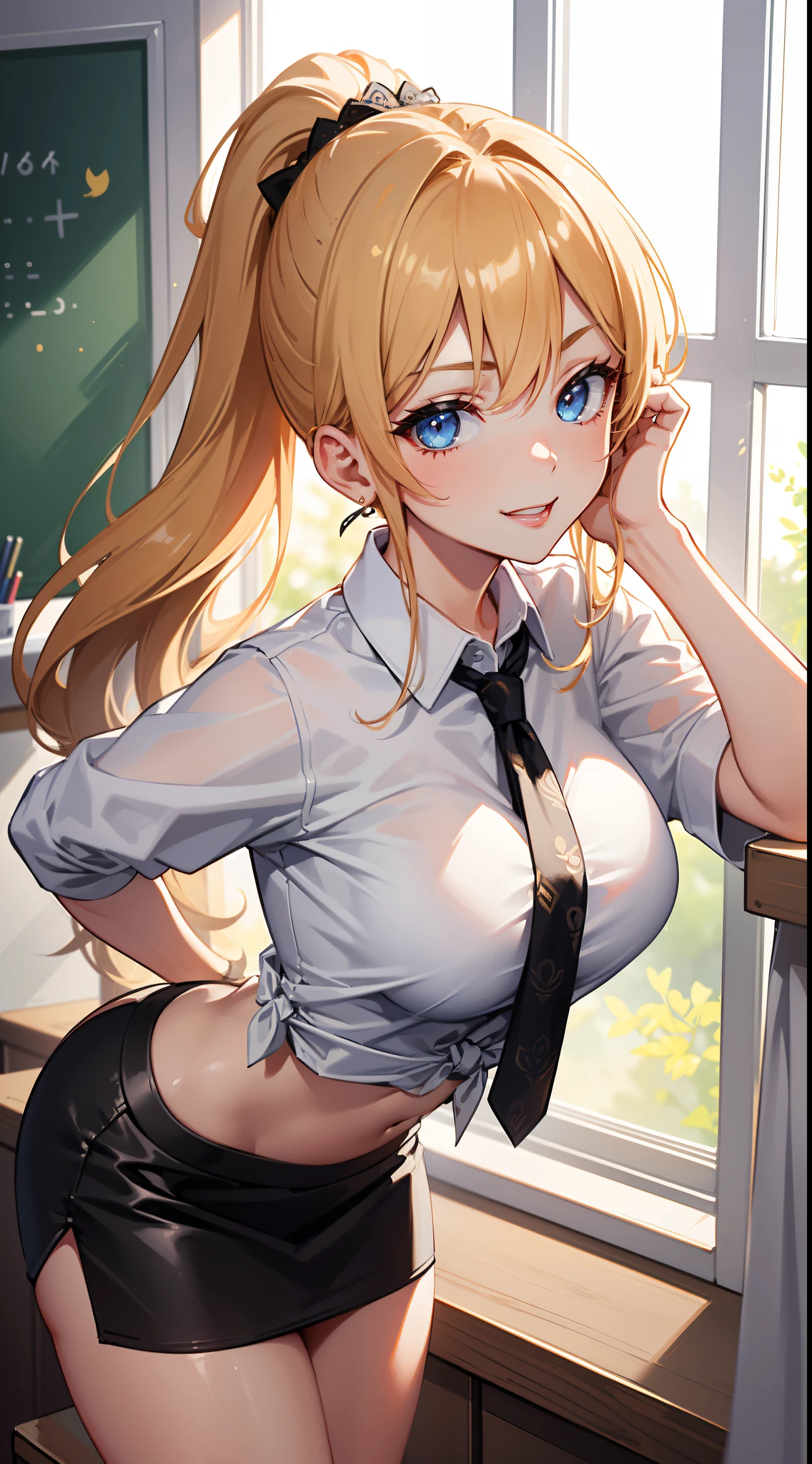 8k, highres, ultra detailed, (masterpiece:1.4), best quality, symmetrical body, a beautiful 18 year old gyaru, (gyaru:1.4), (white tied cropped shirt and black short skirt with pattern:1.4), cute, solo, long hair, dark blonde hair, ponytail hairstyle, blue eyes, glow effect, finely eye, detailed face, teasing smile, looking at viewer, smilling at viewer, leaning forward, dominant look, teasing, (seductive look:1.4), big breasts, boob window, sun, rim light, classroom (sexy pose:1.4)