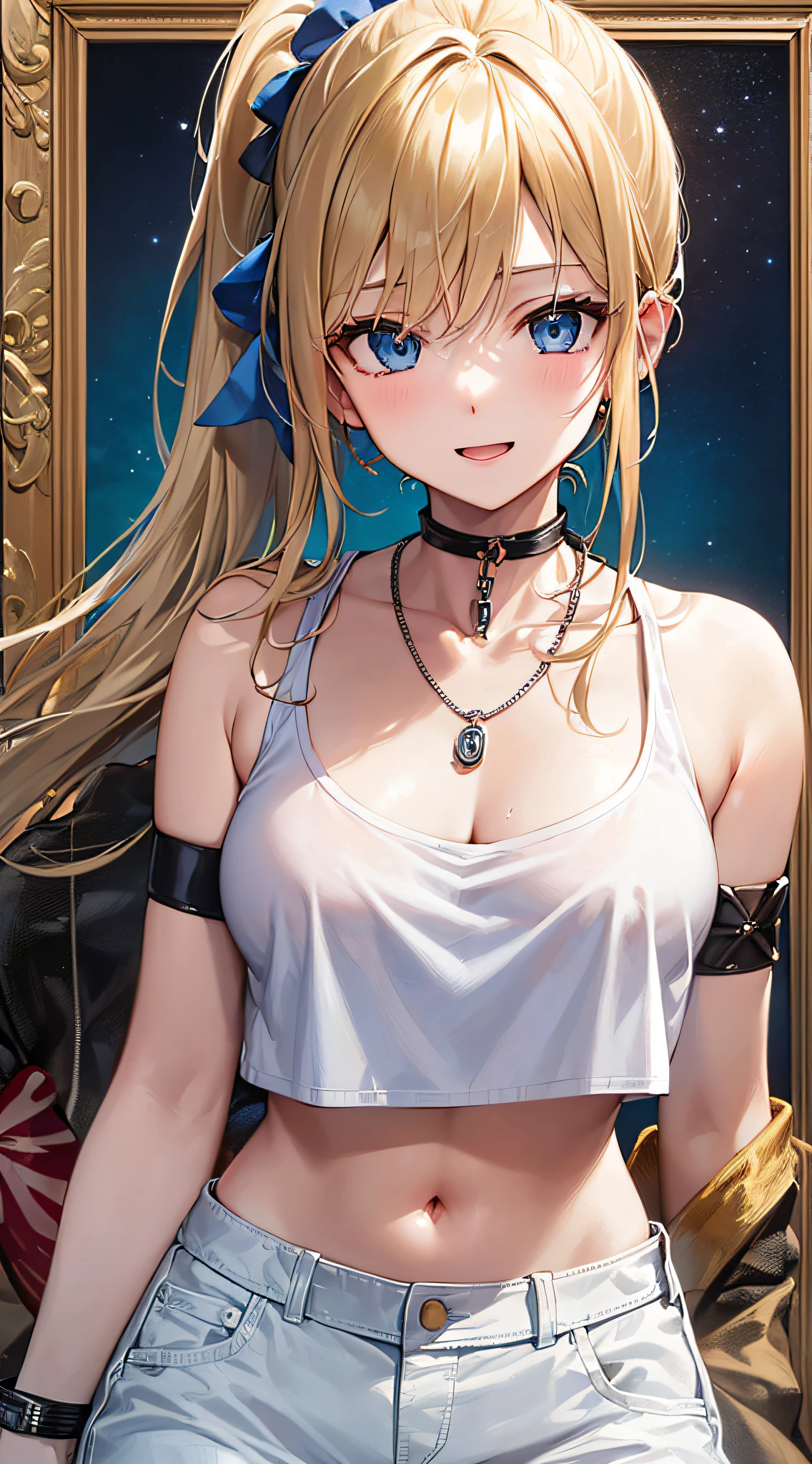top-quality、Top image quality、masterpiece、girl with((18year old、tatteredclothing、Black Navel Tank Top、White pants、Best Bust、Bust 85、a blond、disheveled ponytail、Blue eyes、open chest wide、Happiness、Chain Accessories、Black wristband on wrist、Slouching Pose、A slender))hiquality、visualart、Background with((Hawaiian))、masutepiece