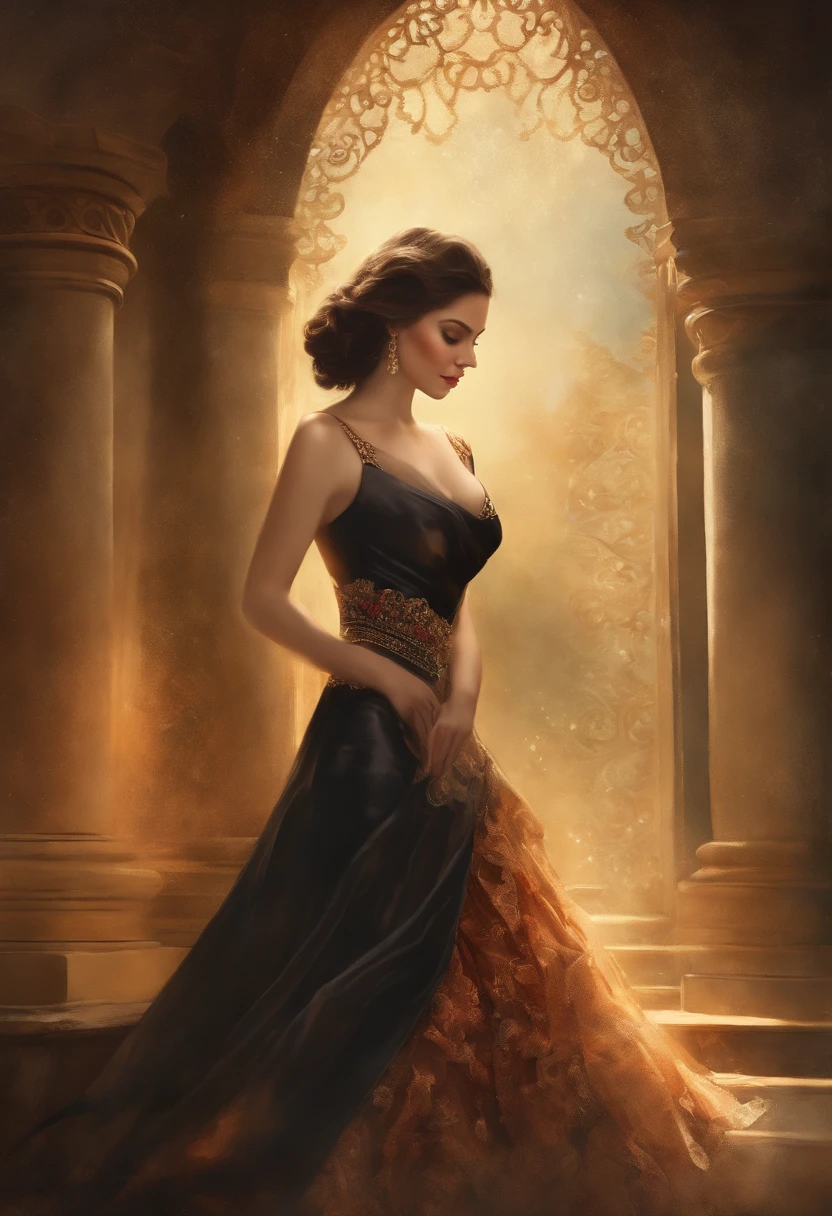 1girl, blush, Girl in a black dress, opening a box, A stylish girl in a,black dress, Smooth and graceful curves on her body, Bright and expressive eyes, Long wavy hair cascading over her shoulders, A charming smile on her face,A mysterious and ornamental box, Adorned with luxurious fabric, Intricate details and delicate carvings, Subtle gleam reflecting the surrounding light, Promise of hidden secrets,, Atmosphere of suspense and anticipation, Heart racing, Bated breath, Wide-eyed with surprise, Emotions overflowing,Digital illustration with defined lines and vibrant colors, Oil painting with soft brushstrokes and dramatic tones, Watercolor drawing with washes and subtle layers, Artistic collage blending different materials and textures,