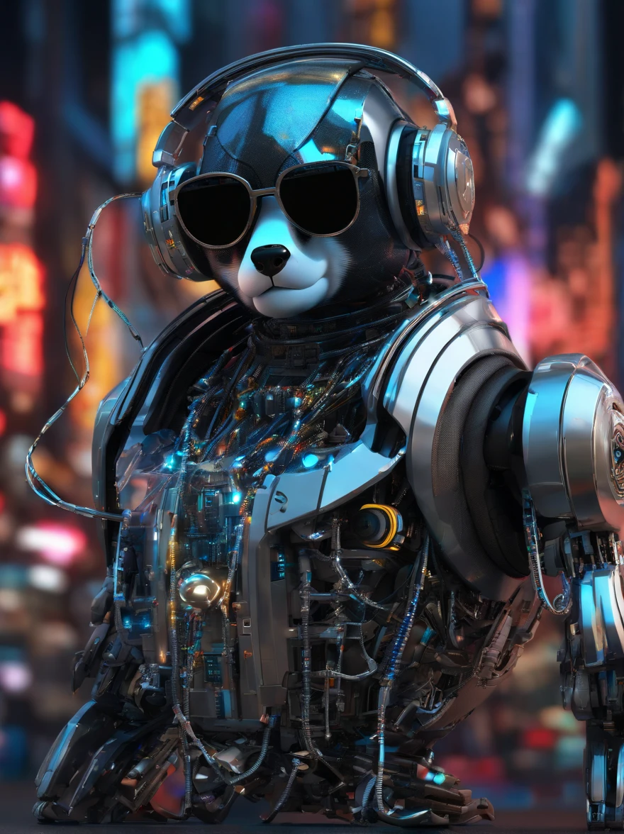 A panda robot,,Wearing sunglasses, with headphones on, Standing position, Abstract beauty, Dynamic, Highly detailed digital painting, concept-art, 8K, high definition resolution