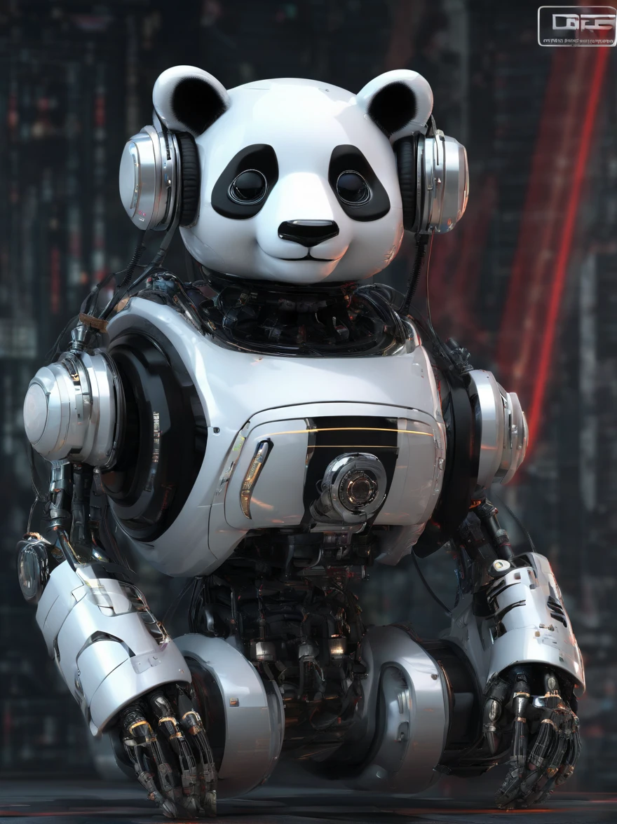 A panda robot,,Wearing sunglasses, with headphones on, Standing position, Abstract beauty, Dynamic, Highly detailed digital painting, concept-art, 8K, high definition resolution