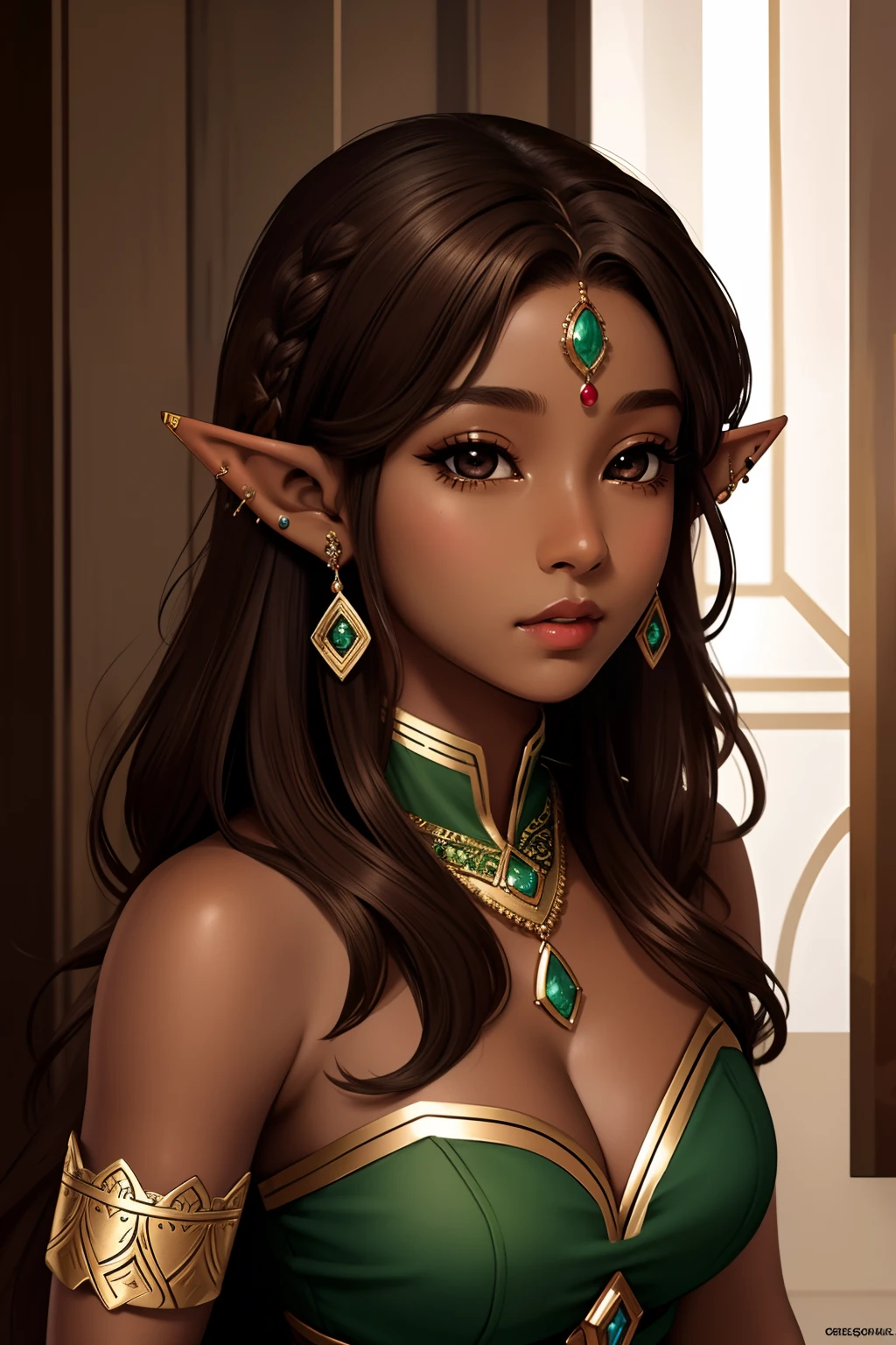 Masterpiece, high quality, (Deep brown skin tone), elf, fit, beautiful elf, sexy elf, female, portrait, piercings, virgin, black eyes, princess, Aesthetic