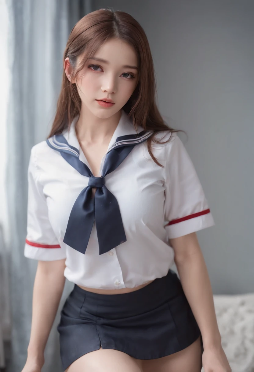 (masterpiece, top quality, high resolution, Unity 8k wallpaper, highly detailed CG:1), the girl enjoys the cold wind of the fan in her skirt in the form of a sailor -, cammy street fighter, fan, underwear, skirt, solo, panties, skirt combed, navel, wet white panties, see-through panties, blue eyes, black hair, lifting clothes, long hair, uniform, pleated skirt, sailor collar, sweaty skin, shirt, short sleeves, neckerchief, serafuku, white shirt, lifting skirt yourself, wet, cowboy shot, belly, parted lips, floating hair, indoor, black skirt, red neckerchief, standing, blush, ribbon panties