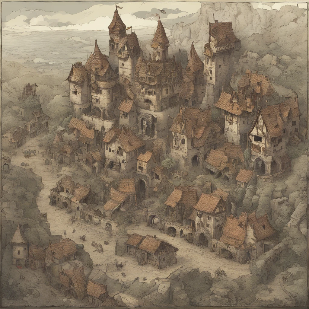 medieval town in ruins, intricate mechanism resembling a machine gun, fantasy RPG city style, close-up angle
(best quality, 4k, highres, masterpiece:1.2), ultra-detailed, realistic:1.37
painted illustration, aged canvas texture, rich colors, dramatic lighting
cobblestone streets with overgrown flora, dilapidated buildings with crumbling walls and broken windows
(majestic castle:1.1) on a hill overlooking the town, with towering turrets and a drawbridge
a busy market square with merchants selling magical artifacts and exotic goods, surrounded by medieval architecture
a group of adventurers gathered around a map, planning their next quest, with diverse clothing and weapons
smoke rising from the ruined buildings, hinting at recent turmoil and conflict
(battle-damaged:0.9) stone walls and scattered debris, portraying the aftermath of a fierce battle
intricate engravings and ornate decorations adorning the mechanical weapon, showcasing its fantastical nature
the mechanism's gears and cogs in detailed view, revealing its complex inner workings
(mythical creatures:1.1) roaming the streets, such as dragons flying overhead or elves blending into the shadows
a sense of mystery and adventure, with hidden nooks and crannies inviting exploration
Overall, the scene depicts a small medieval town ravaged by destruction, with a prominent mechanism resembling a machine gun as the centerpiece. The artwork exudes a fantasy RPG vibe, with close-up angles capturing the intricate details of the environment. The high-quality image showcases realistic textures and colors, while the lighting adds a dramatic flair to the scene. The town features dilapidated buildings, overgrown flora, and a majestic castle overlooking the chaos. The market square offers a glimpse into the town's diverse inhabitants and the adventurers preparing for their next quest. The artwork incorporates elements of fantasy, such as mythological creatures, to enhance the sense of wonder and adventure.
