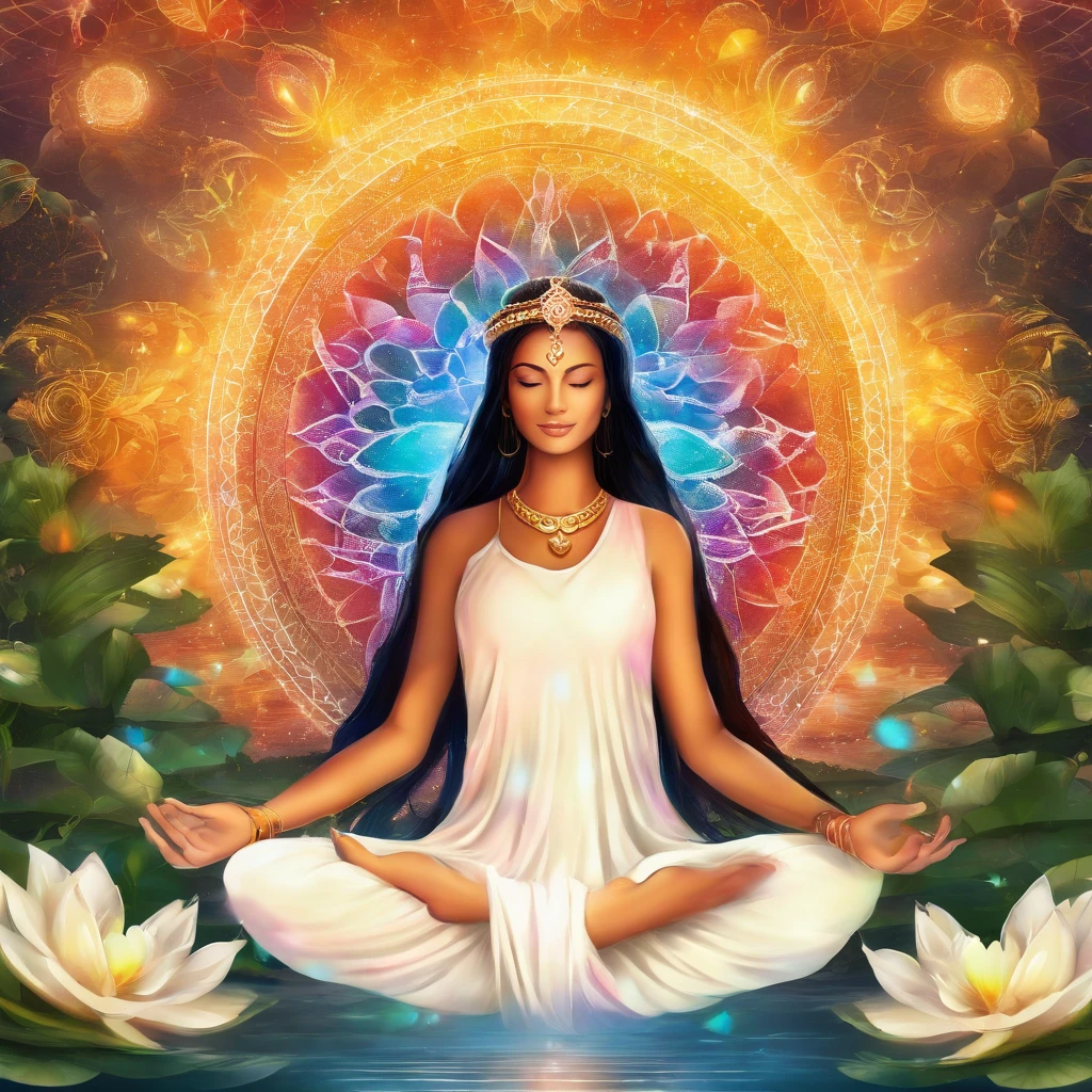Yoga position light spectrum with the seven chakras around, vibrante colorsa colorslashh An explosion of colors, Beautiful woman in white sitting on water lilies, complex stuff around, intricate in the background, Spiritual, divine, dreamlike, cosmic, mind blowing, god, pineal gland, dream like, (extremely detailed CG unity 16k wallpaper:1.1), (Denoising strength: 1.45), (tmasterpiece:1.37), hyper realistic, god rays, ray tracing, UHD, award winning