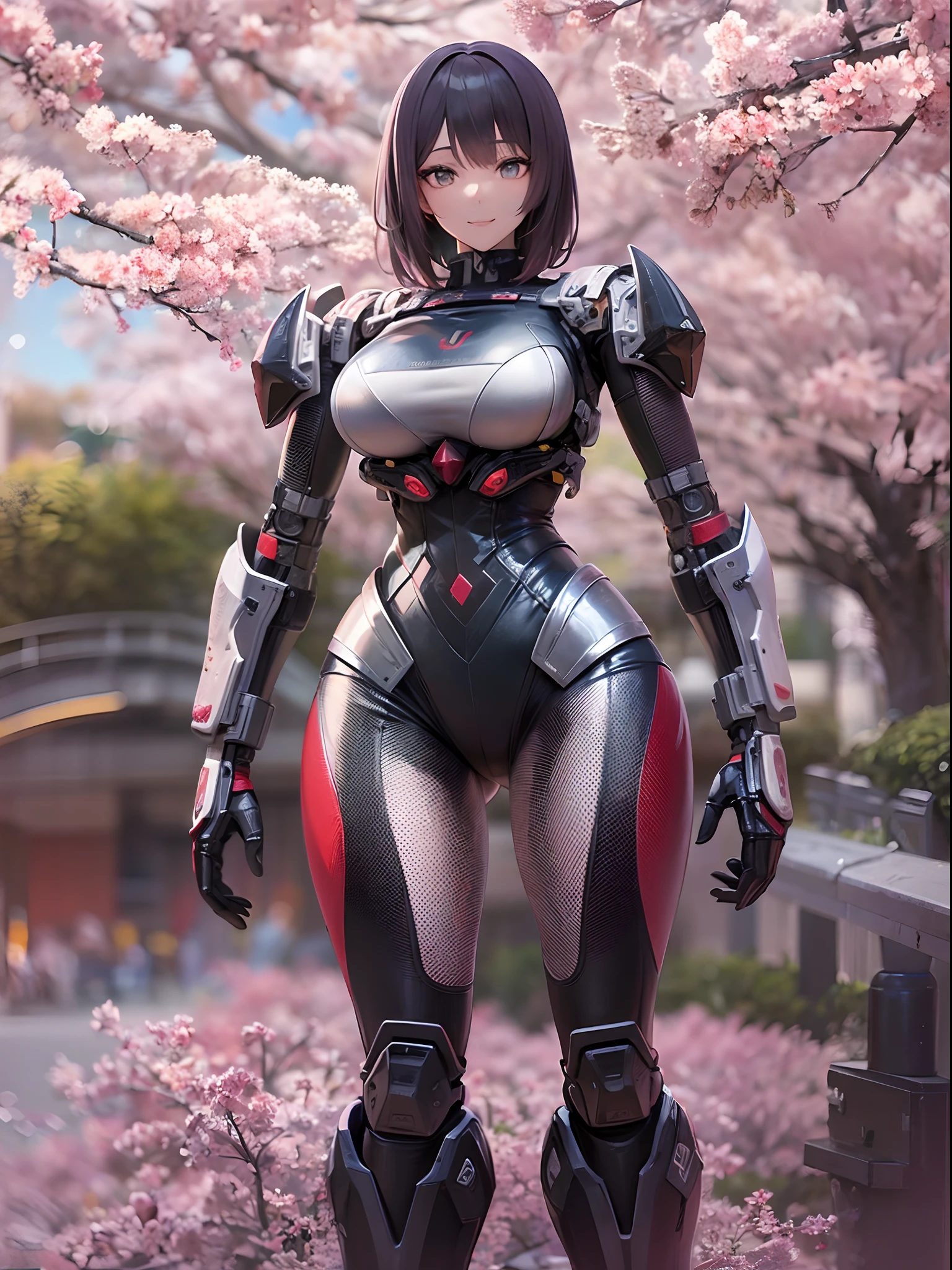 ((Best Quality)), ((masutepiece)), ((Realistic)), Girl with perfect beauty standing in calm Japan garden with cherry blossoms at eye level, Scenic, masutepiece, (hight resolution), Original, extremely detailed 8K , (Photorealistic:1.4),face perfect, Perfect eyes,symmetrica body shape,Smile, 、１adult lady,(huge bust),((Super giant robot)),Shiny smile,Tank Tops,Black leather pants,full body Esbian,Beautiful city at dawn,