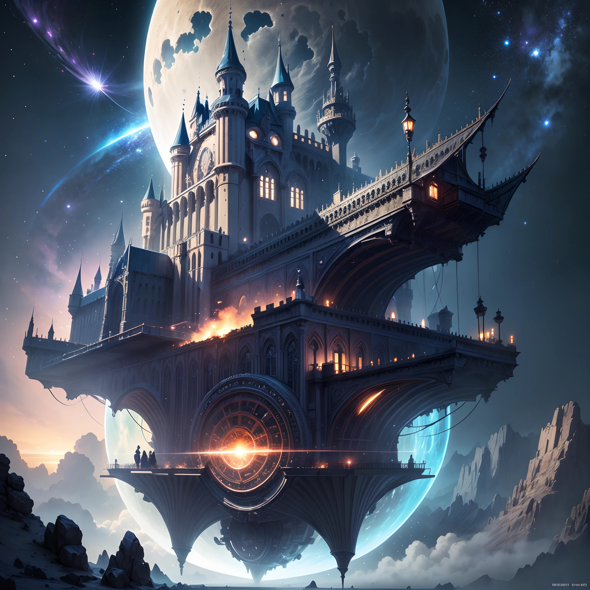 Space Magic Week, Magic concept art highlights, Vernadskys intellectual circle, In a mysterious world,There is a huge cyberpunk mechanical airship as a moving castle,It sails in the vast sky。Moving castles in the sky are built on a cyberpunk concept mobile mechanical ship,Spaceships are the technology of the future,Tail light column jet,Able to sail freely,The façade of the castle is made of endless metal and crystal,shimmering with an enigmatic twinkle。Huge rocket thrusters maintain the castle's moving power,It allows it to travel freely through the air。The source of power for the castle is an ancient and mysterious ore,Known as the "Heart of the Stars"。It contains the essence of cosmic energy,It provides a constant flow of power for the castle。This heart of the star is embedded in the very heart of the castle,Protected by sophisticated devices and magic barriers。The castle is surrounded by a peculiar and dangerous environment,Known as the "Void Vortex"。The Void Vortex is a phenomenon that distorts space-time,Attracts energy and matter from all worlds。The castle uses the Void Vortex to absorb resources,So as to continue to grow and improve itself,metaverse concept art, Ocean of Magic, Mobile floating city in the cloud, Galactic fighter, Huge floating moving castle, a digital dreamscape, Magic fantasy 3D concept art, Amazing concept art ,Warm pigment,Bright colors,Bright light,Extreme refinement,Masterpiece,8k,tmasterpiece --v 6