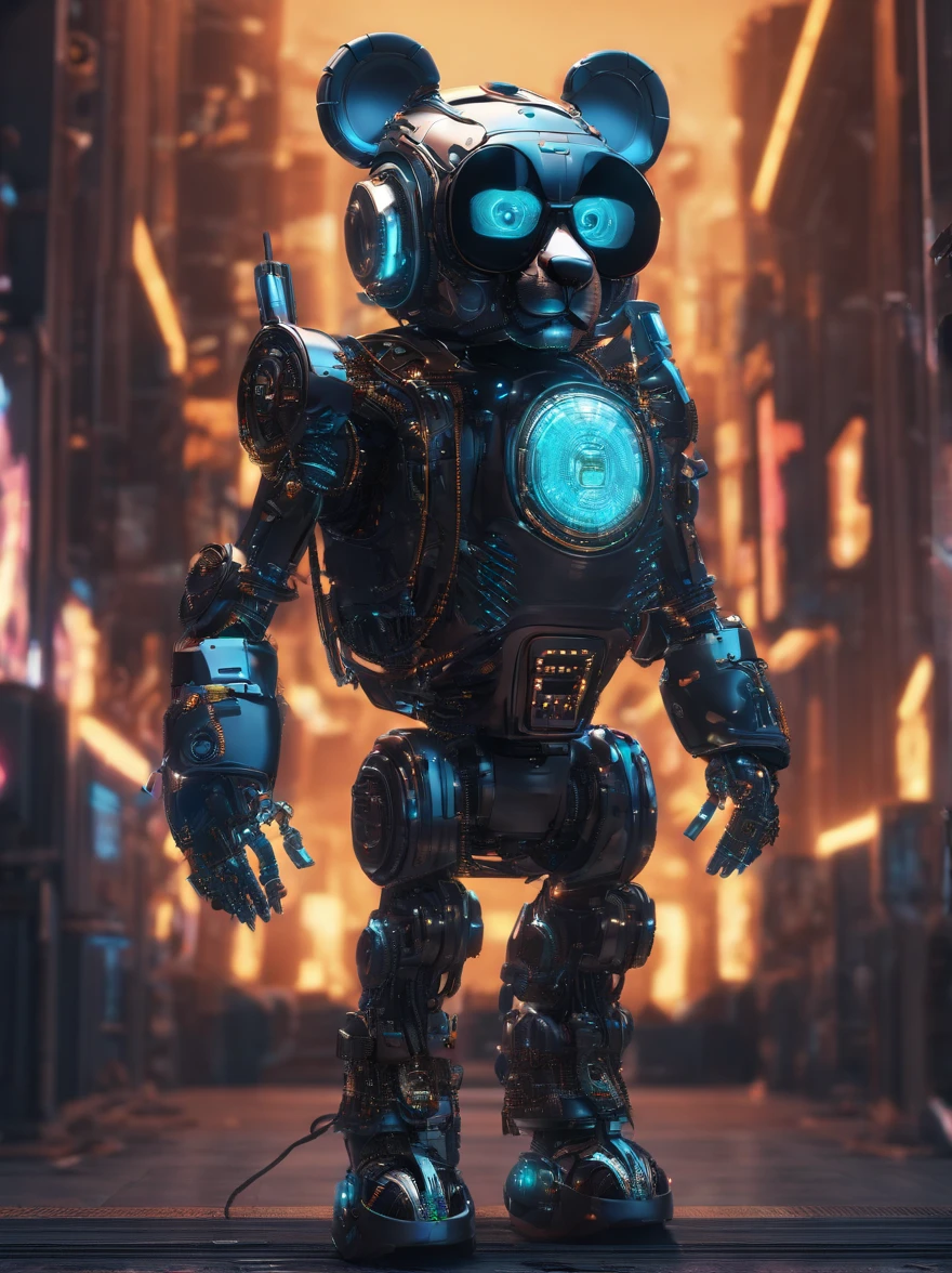 A panda robot,Wearing sunglasses, with headphones on, Standing position, Abstract beauty, Dynamic, Highly detailed digital painting, concept-art, 8K, high definition resolution