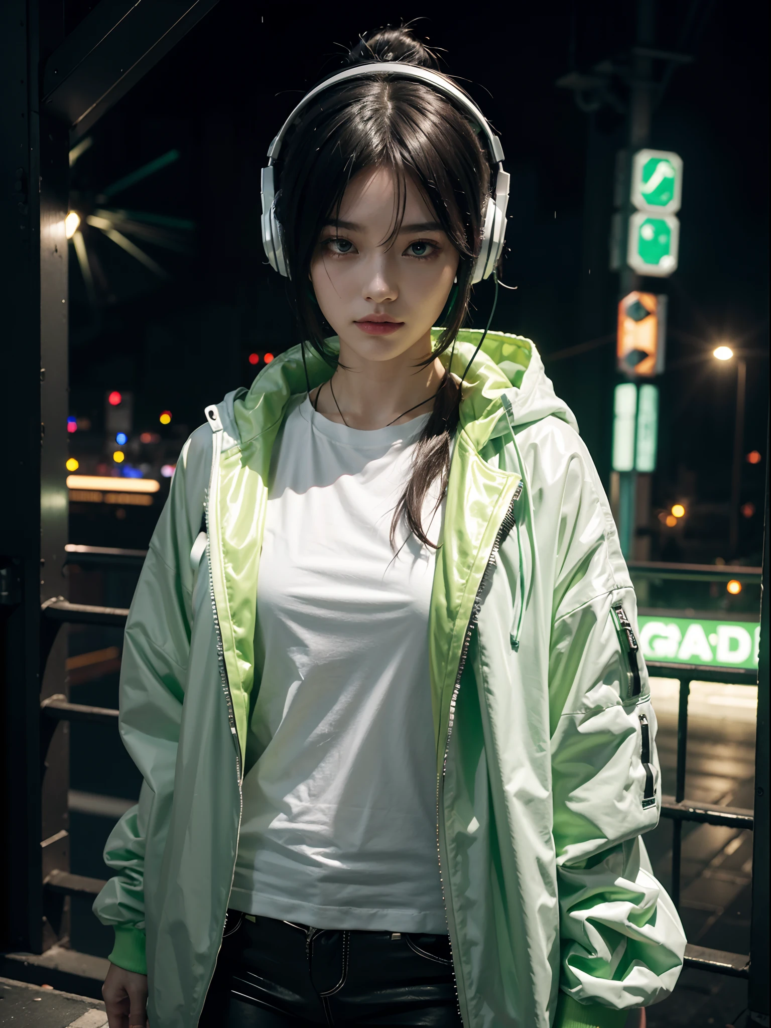 Cyberpunk girl, futuristic background with green lights, rainy punk city, cyber full moon, headphones, machanical body parts, best quality, wearing a long jacket with white T-shirt