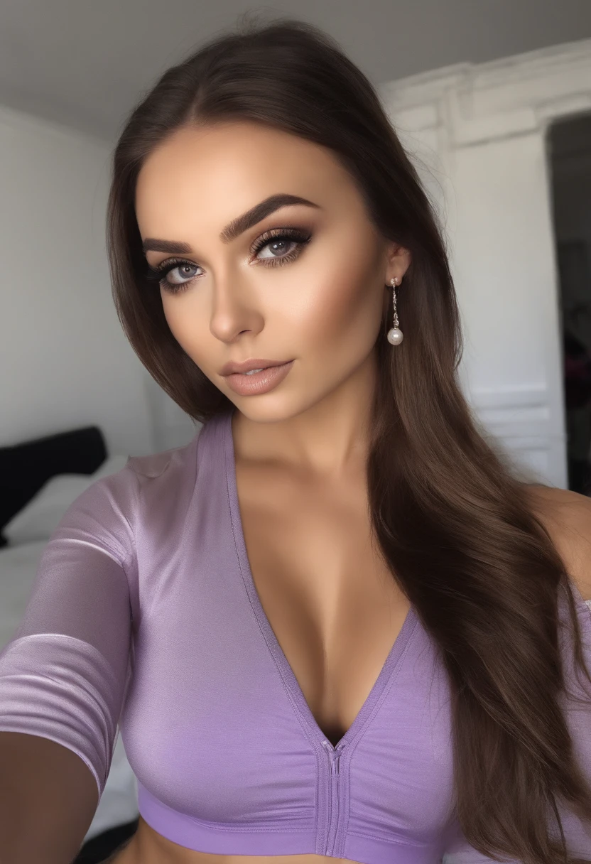 Arafed Mujer Llena , Chica sexy con ojos marrones, ultra realista, Meticulosamente detallado, Retrato Sophie Mudd, brown hair and large eyes, Selfie de una mujer joven, Eyes of Dubai, Violeta Myers, ohne Maquillaje, Maquillaje natural, staring directly into camera, Cara con Artgram, dezentes Maquillaje, Impresionante foto de cuerpo completo, arrodillado en la cama, en el dormitorio, busto mediano a grandeAriana Grande Naked