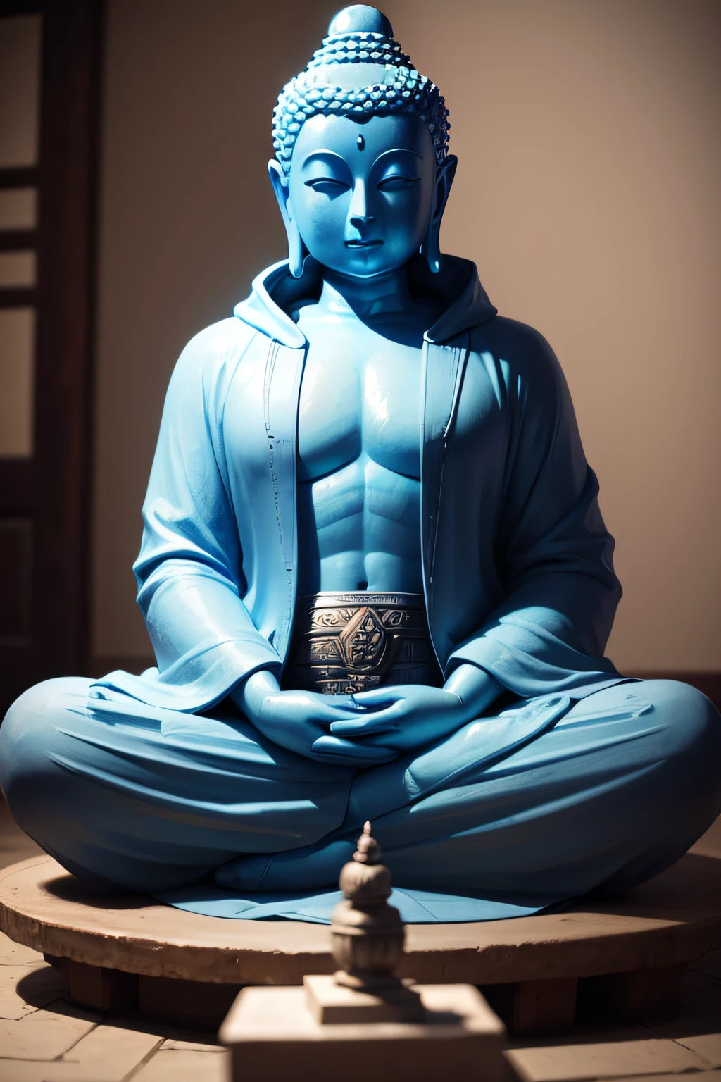 There's a blue Buddha statue in a hoodie, facing the front, Buddha., the buddha, buddhism, beautiful image,