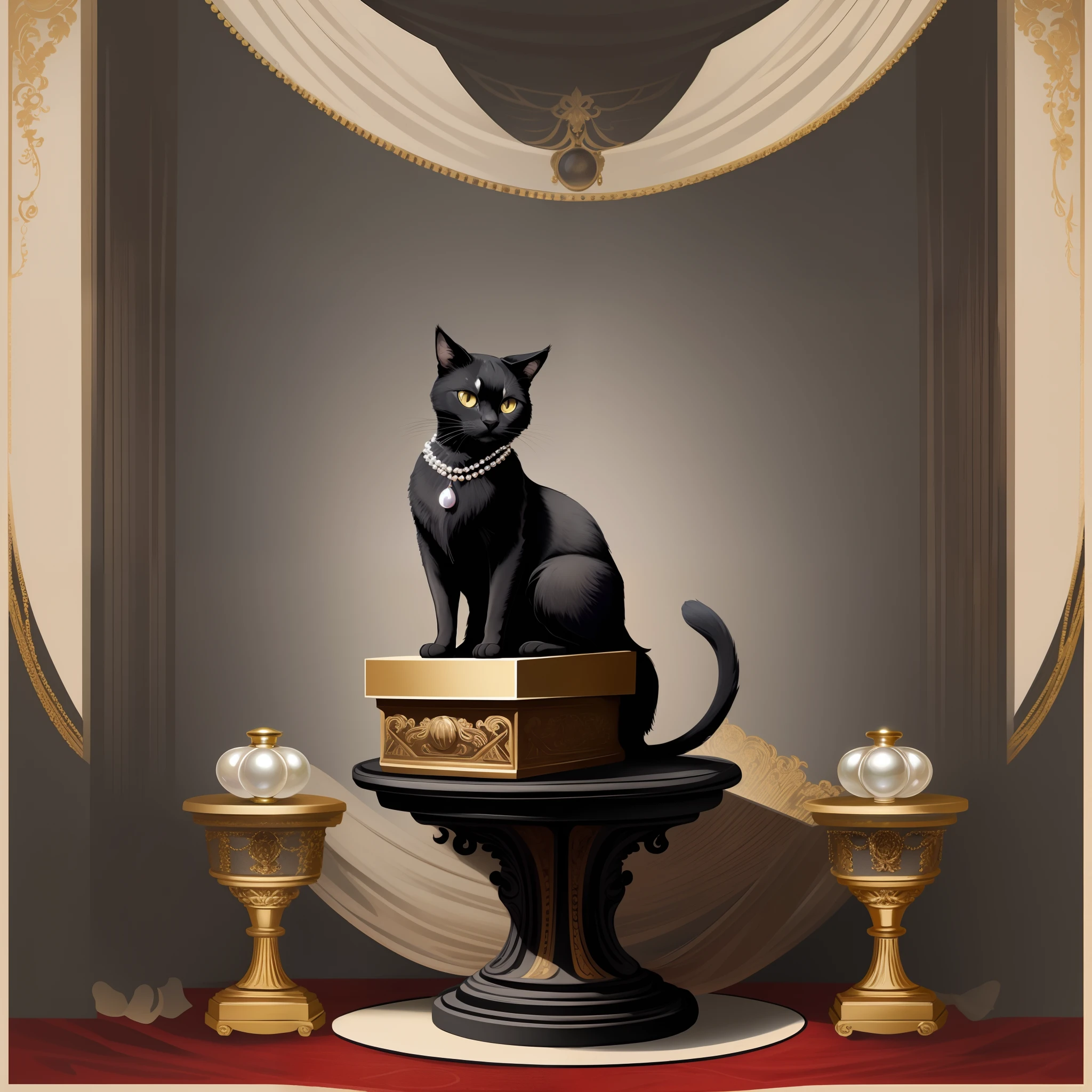 vector art, arafed black cat sitting on a pedestal with a pearl necklace, elegant cat, 1920s advert, 1960s advertisement, luxury advertisement, magazine advertisement, 1960s perfume bottle ads,