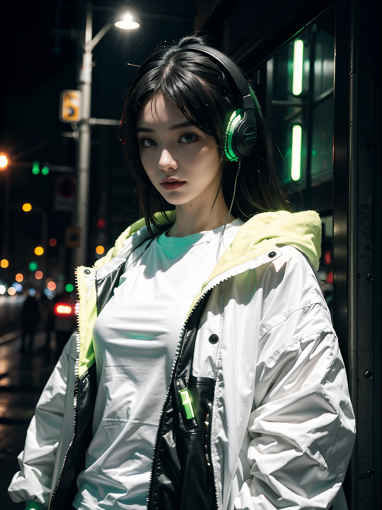 Cyberpunk girl, futuristic background with green lights, rainy punk city, cyber full moon, headphones, machanical body parts, best quality, wearing a long jacket with white T-shirt