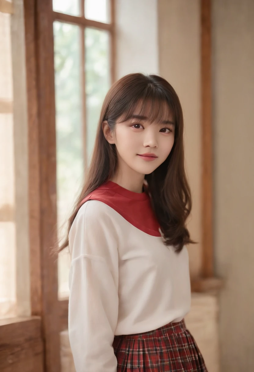 top-quality, Photorealsitic, ​masterpiece, 8K, Hi-Res, 独奏, 1girl, (((infp young woman))),sixteen years old、full bodyesbian、(small tits), ((Look at viewers)), (look at a camera), ((Various hairstyles close to long)）、Perfect straight black hair、((With bangs))、 (profetional lighting), Highly detailed bright face、Gentle Japan girl、lovely smile、Red T-shirt（long-sleeve）、Checked pleated skirt、Standing in the room