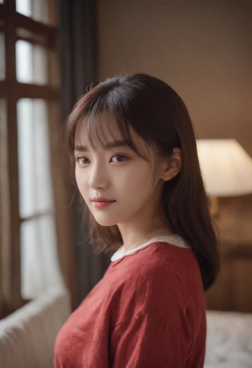 top-quality, Photorealsitic, ​masterpiece, 8K, Hi-Res, 独奏, 1girl, (((infp young woman))),sixteen years old、full bodyesbian、(small tits), ((Look at viewers)), (look at a camera), ((Various hairstyles close to long)）、Perfect straight black hair、((With bangs))、 (profetional lighting), Highly detailed bright face、Gentle Japan girl、lovely smile、Red T-shirt（long-sleeve）、Checked pleated skirt、Standing in the room