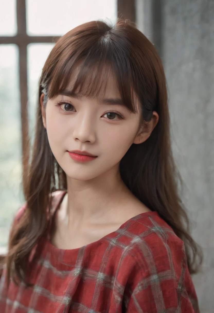 top-quality, Photorealsitic, masterpiece, 8K, Hi-Res, 独奏, 1girl, (((infp young woman))),sixteen years old、full bodyesbian、(small tits), ((Look at viewers)), (look at a camera), ((Various hairstyles close to long))、Perfect straight black hair、((With bangs))、 (profetional lighting), Highly detailed bright face、Gentle Japan girl、lovely smile、Red T-shirt(long-sleeve)、Checked pleated skirt、Standing in the room