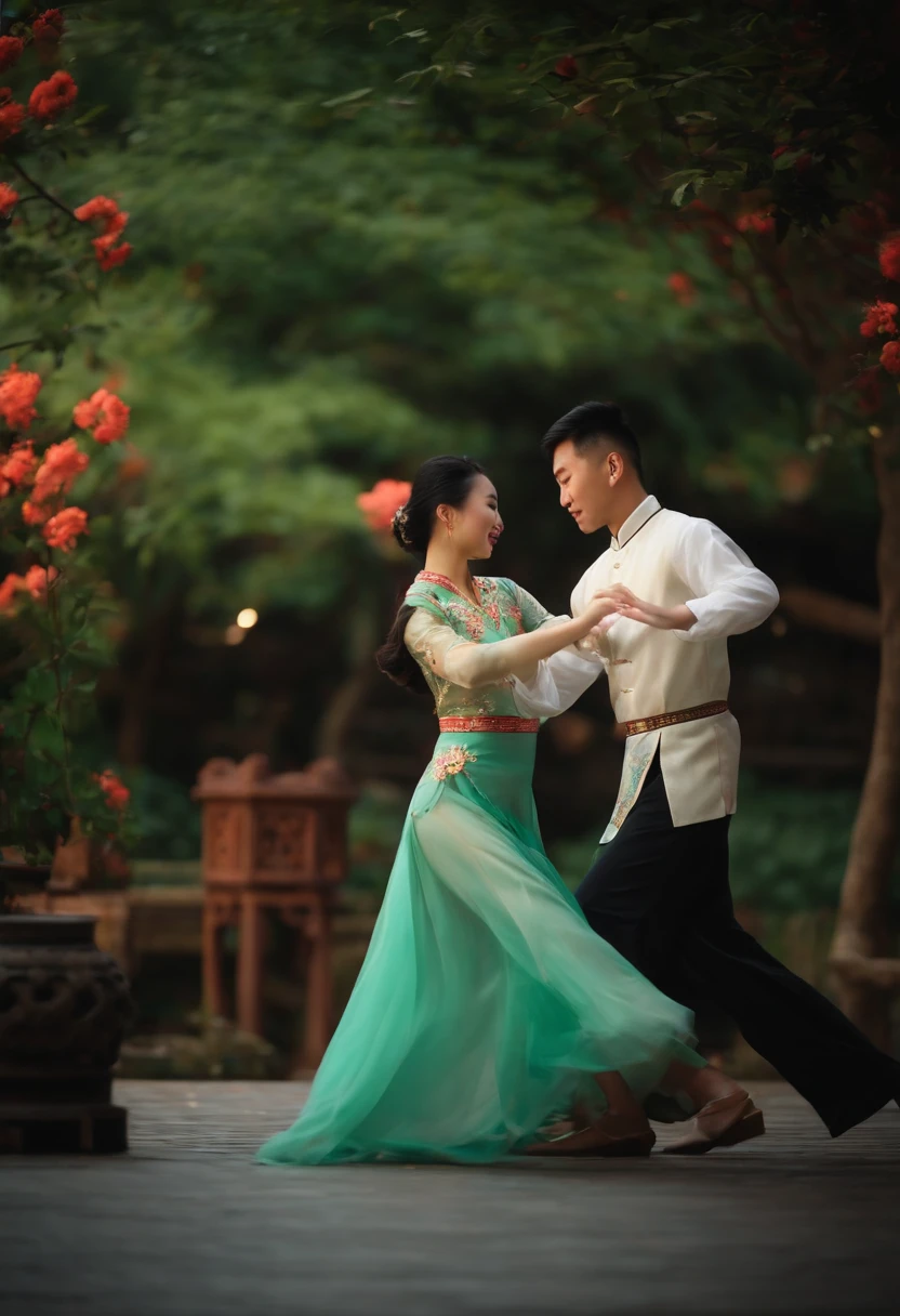 a chinese lady in transparent long dress dance tango with a man at parklake in the moonlight