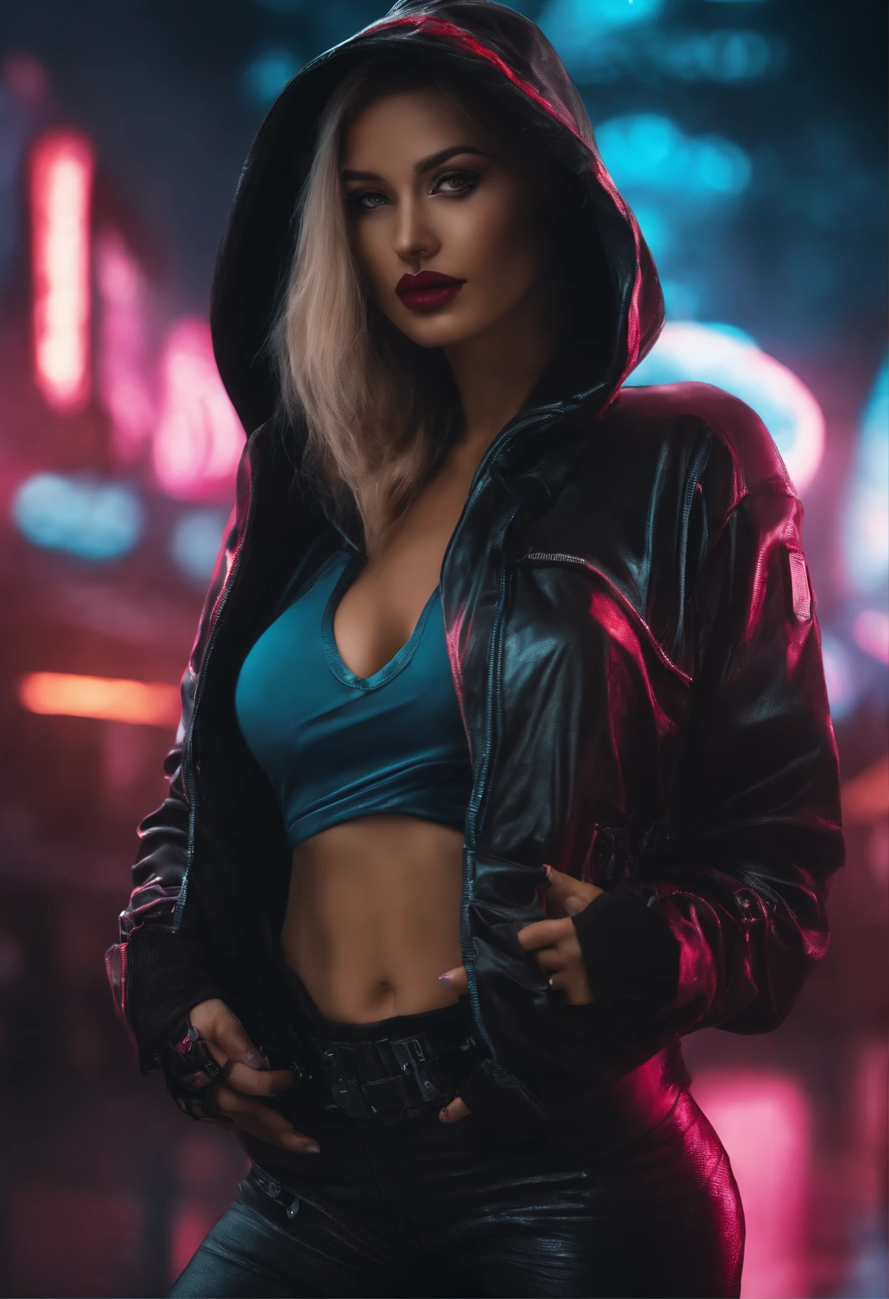 score_9, score_8_up, score_7_up, photo, beautiful girl, multi-colored hair, voluminous hairstyle, great figure, big breasts, (cyberimplants), leather jacket, cleavage, leather pants, metal armor on arms and legs, posing outdoors, looking at viewer, (against night city background), (cyberpunk style), neon light, depth of field, bokeh
