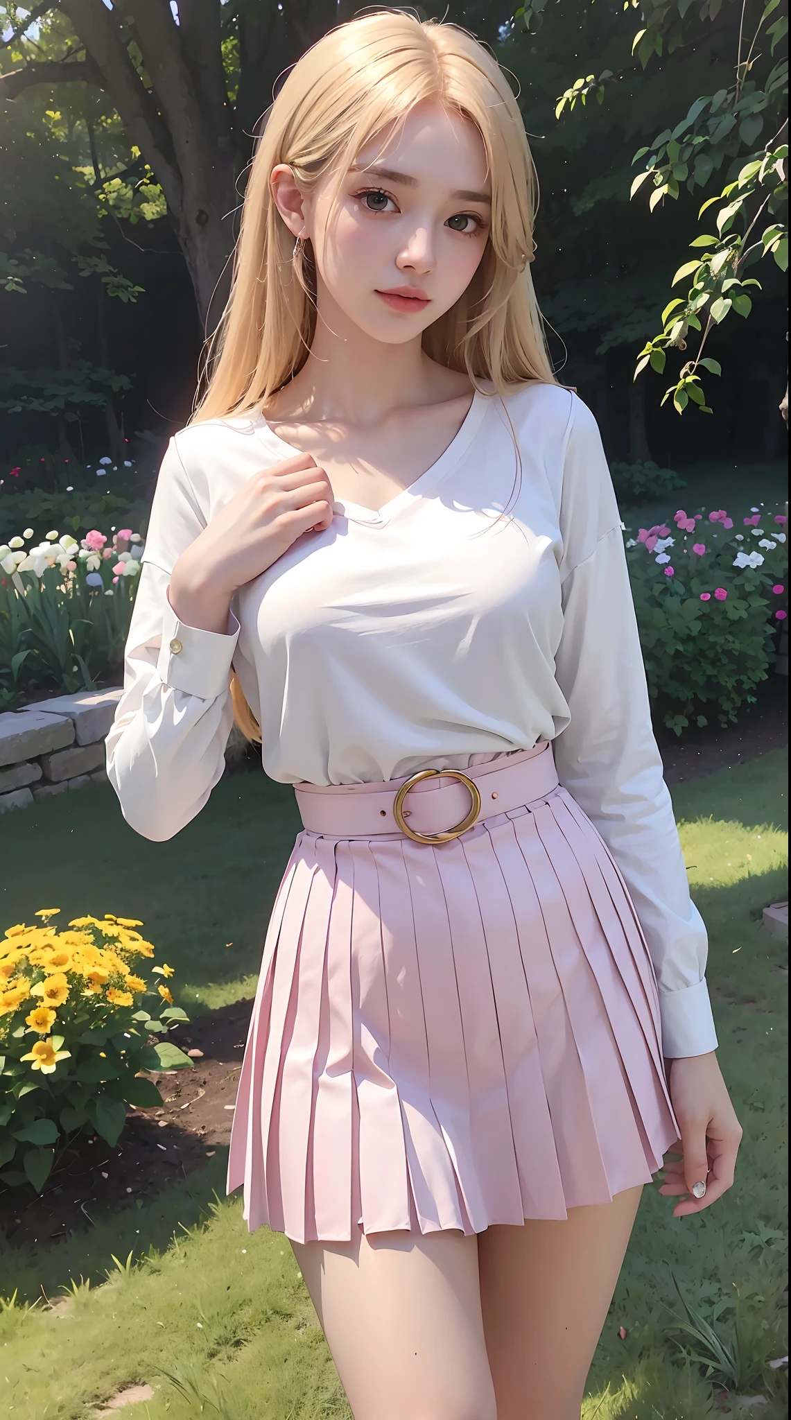 (Best Quality, Masterpiece:1.3), Illustration, ((Beautiful detailed face)), beautiful detail skin, intriciate detail, The ultra-detailliert, Best image quality in 8K, Real Image () (24-year-old female model:V-neck white shirt, pleated skirt in pink, garterbelt) (Small breasts), , () , , (perfect fingers) , , garden background , , Gold-haired , , ((Very delicate glowing skin))