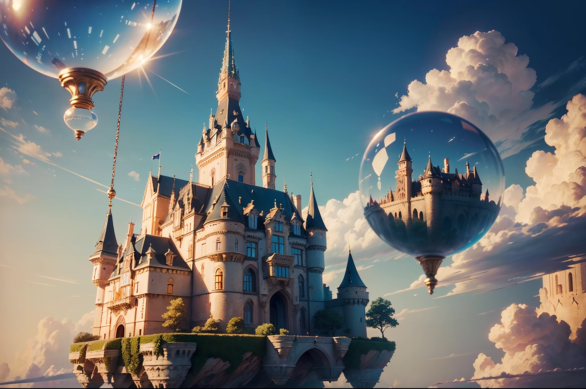 RAW photo, best, masterpiece, best quality, high quality, extremely detailed", (A beautiful castle floating in the sky: 1.4),(((suspended in the air ))), majestic, cloud, (within a sphere glass), (best quality: 1.3), (high resolution:1), (amazing:1.3), (perfect:1.3), (perfection:1.3), (detailed:1.3)