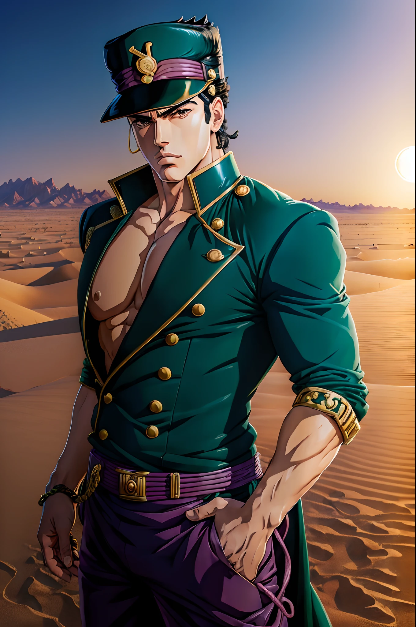 (((master piece))), (((8k resolution))), ((jotaro kujo)), anime , sharp focus, in desert