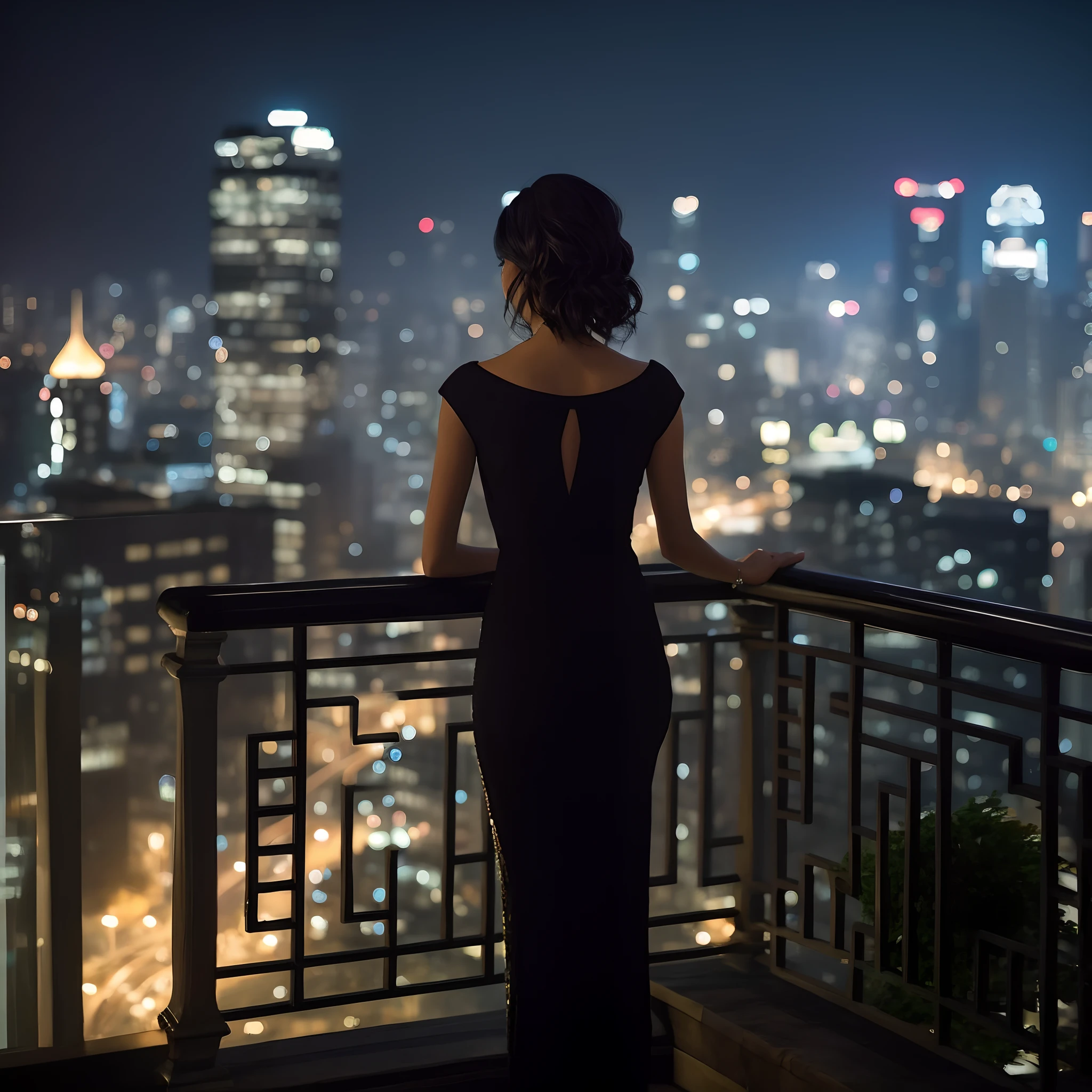 Woman in black dress looking out over the city at night, com vista para uma cidade moderna, Olhando para a cidade, Olhando para a cidade, uma mulher elegante no vestido preto, usando um vestido elegante, olhando para fora, Cidade em segundo plano, linda senhora, foto de retrato, Vida noturna, Neo - Estilo Preto, Located in Tokyo, Rooftop, em um telhado, telhado da cidade