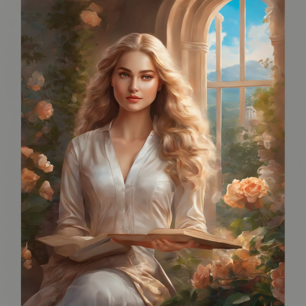 (best quality,4k,8k,highres,masterpiece:1.2),ultra-detailed,(realistic,photorealistic,photo-realistic:1.37),young sexy blonde college student,girl with beautiful blue eyes and long flowing hair,wearing a stylish outfit,confident and alluring pose,standing in an elegant garden surrounded by vibrant flowers and greenery,enjoying the warm sunlight and gentle breeze,with a book or laptop in her hand,immersing herself in the world of knowledge,creating an atmosphere of intelligence and elegance,medium:oil painting,elegant and refined details showcasing the artist's craftsmanship,vivid colors and delicate brushstrokes,depicting the young student as a muse of beauty and wisdom,warm and soft color palette with a touch of vintage warmth,subtle and enchanting lighting,casting a dream-like glow on her face and accentuating her delicate features,delicate shadows adding depth and dimension to the painting,inviting viewers to be mesmerized by the charm and allure of the young student.