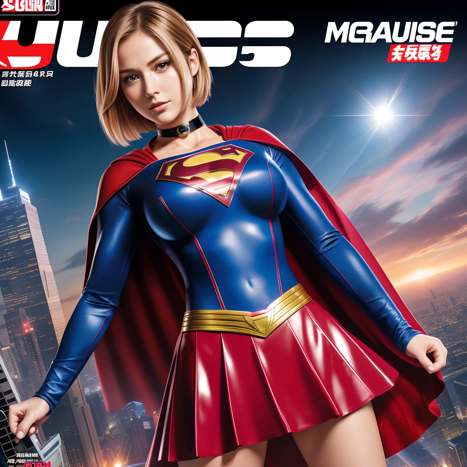 (Best Quality,4K,8K,hight resolution,masutepiece:1.2),Ultra-detailed,Realistic:1.37,Super masterpiece,Short-haired Supergirl、large full breasts、Looking at the camera、Glossy costume、a choker、Too short miniskirt、Magazine covers、Comic magazines、comic strip