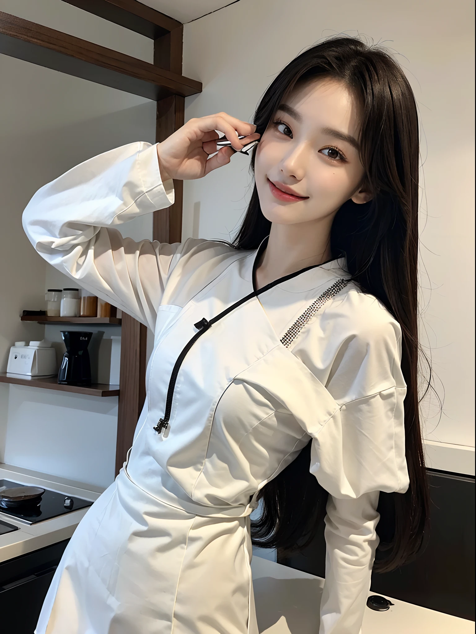 ​masterpiece、top-quality)、1 beutiful girl、Slim body、((Black and white plain clothes:1.1))、(Detailed beautiful eyes)、In a stylish kitchen、Face similar to Chaewon in Le Selefim、((Boyish Brown Medium Hair))、((Smaller face))、((Neutral face))、((Light brown eyes))、((Korean Girl))、((18year old))、((cool lady))、((A shy smile on his face))、((Korean Makeup))、((elongated and sharp eyes))、((Happy dating))、((boyish))、((She is pouring coffee into a glass))、((Looking Up))、((shot from front))