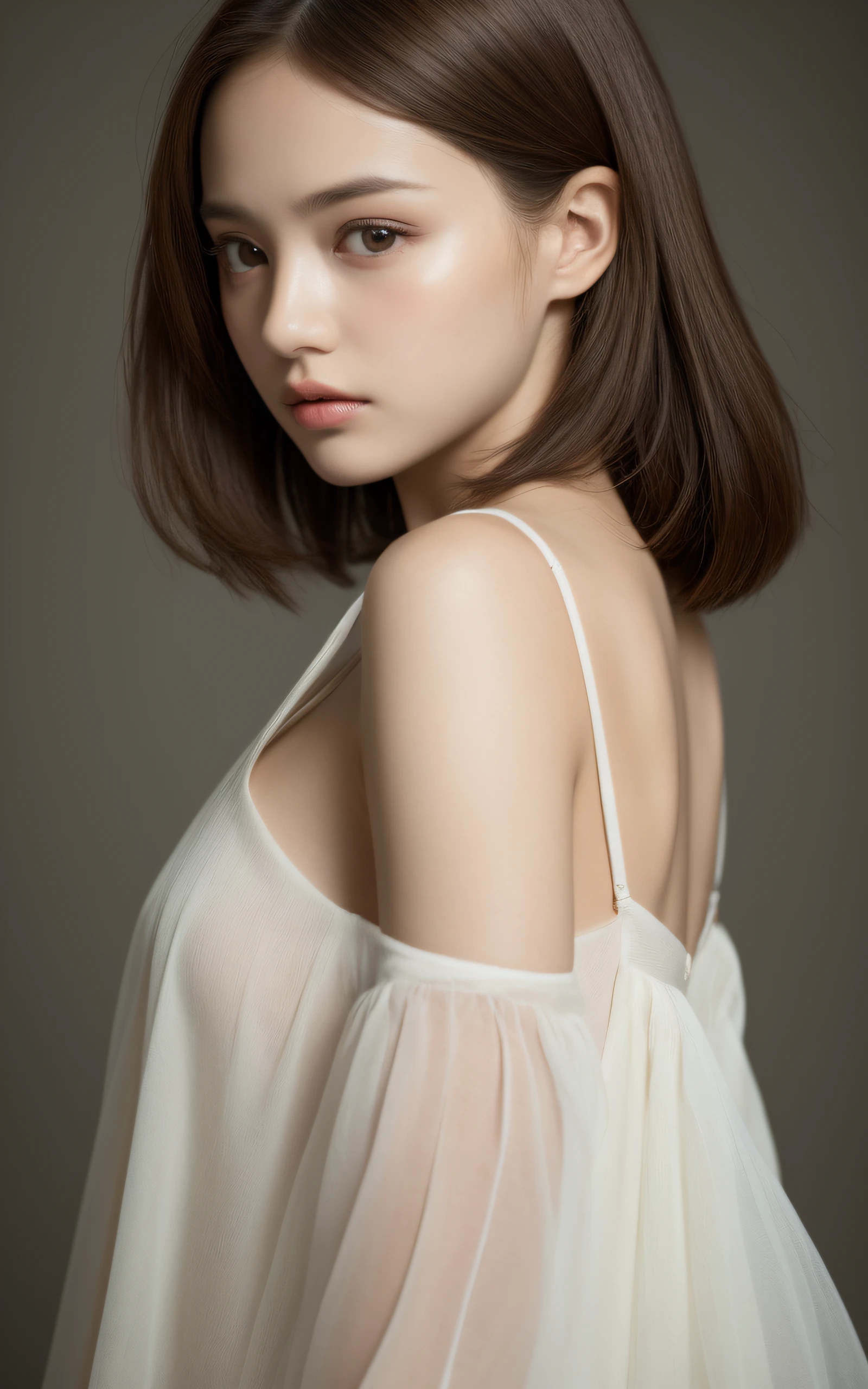 Top quality, realistic, perfect human body structure, very detailed, very delicate and beautiful, RAW photography, inside, professional lighting, luminescence, depth of field, single focal, full body, 13 year old girl, brown hair, small head, ((big)), baby face, beautiful eyes, real face, realistic skin, detailed eyes, (fashionable hairstyle: 1.3), sexy pose, absurderes、Incredibly Ridiculous res、Extremely fine,