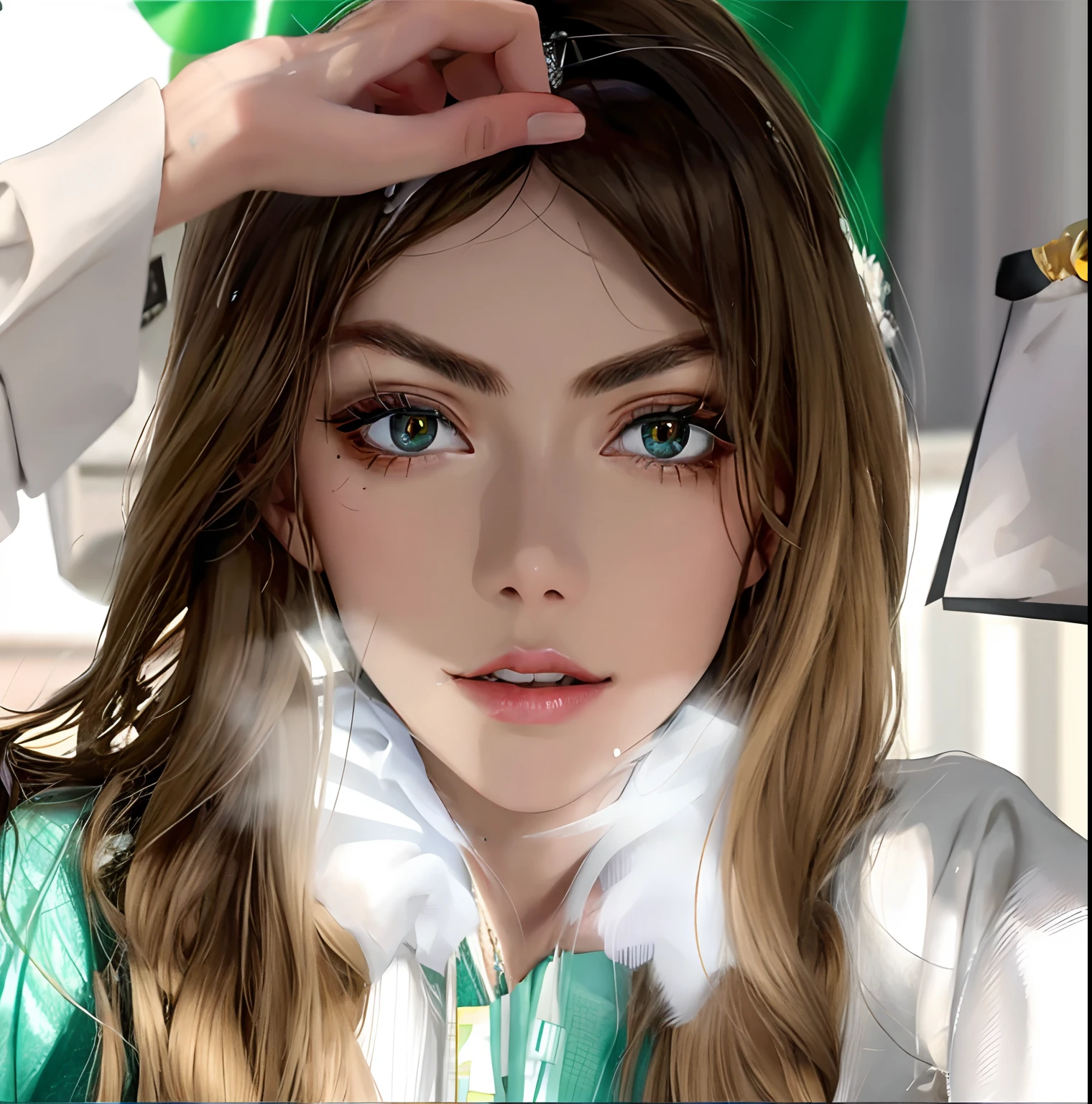 arafed woman with long black white face, powder white face, hair and a green shirt, without makeup, flawless face, portrait sophie mudd, face like ester exposito, perfect face!!, perfectly lit face, richly defined face, pale glowing skin, perfect face ), perfect face, leaked image, natural soft pale skin, gorgeous face, detailed flawless face, daisy ridley
