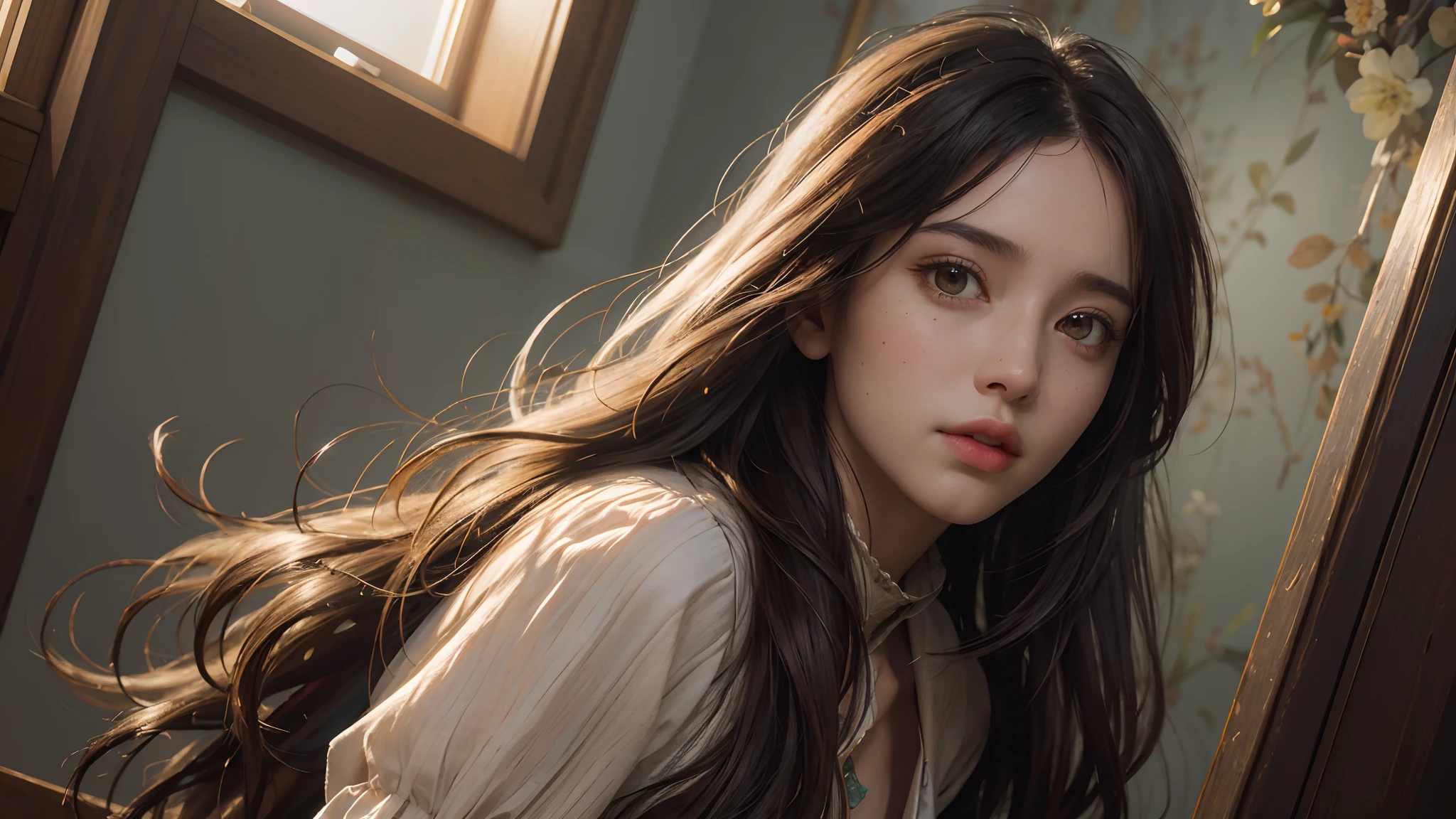 (RAW photo, best quality), (realistic, photo-realistic:1.3),best quality,highly detailed,masterpiece,ultra-detailed,illustration,1girl,upper_body,dynamic angle,world masterpiece theater,messy_long_hair,best quality,extremely detailed CG unity 8k wallpaper,ink,Amazing,cinematic lighting,lens_flare,,dunhuang_style