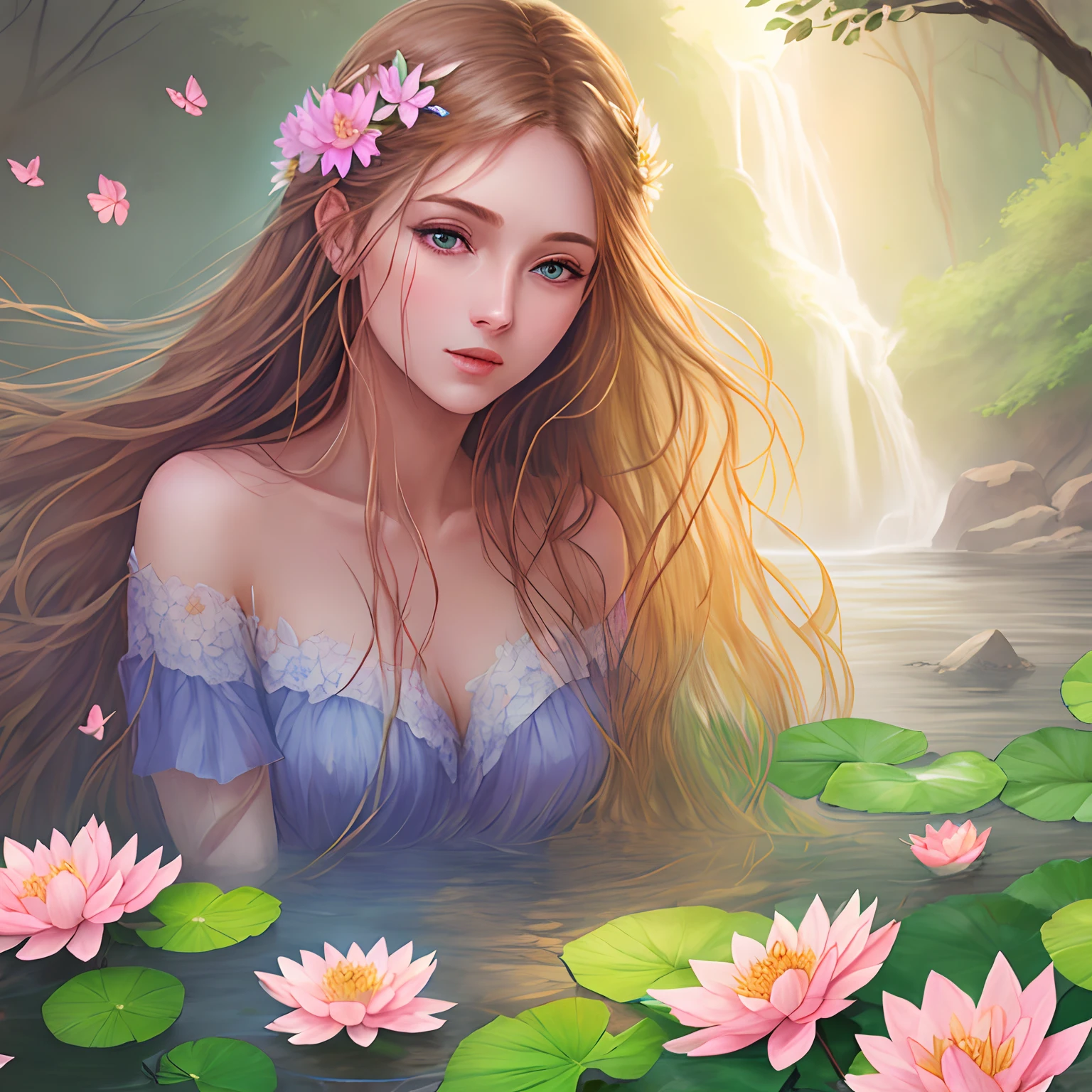 Masterpiece, 1girl,, beautiful and delicate face, age:21, long hair, medium chest, hair flower, water on the skin, shyness, butterfly, meadow, waterfall, lotus, dawn, (very detailed), (realistic), bright colors, bright, deep shadows, dynamic light, colorwater --v6