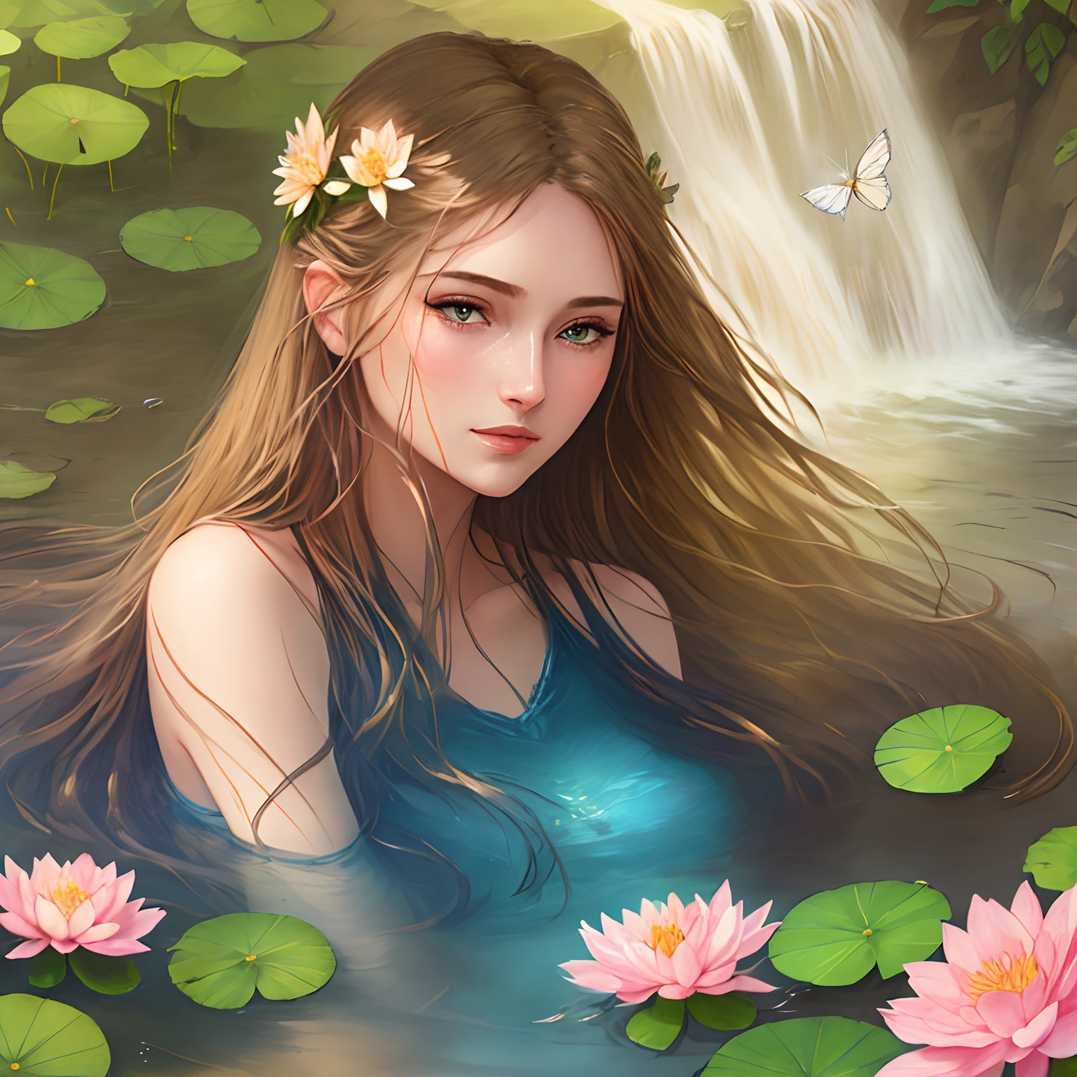 Masterpiece, 1girl,, beautiful and delicate face, age:21, long hair, medium chest, hair flower, water on the skin, shyness, butterfly, meadow, waterfall, lotus, dawn, (very detailed), (realistic), bright colors, bright, deep shadows, dynamic light, colorwater --v6