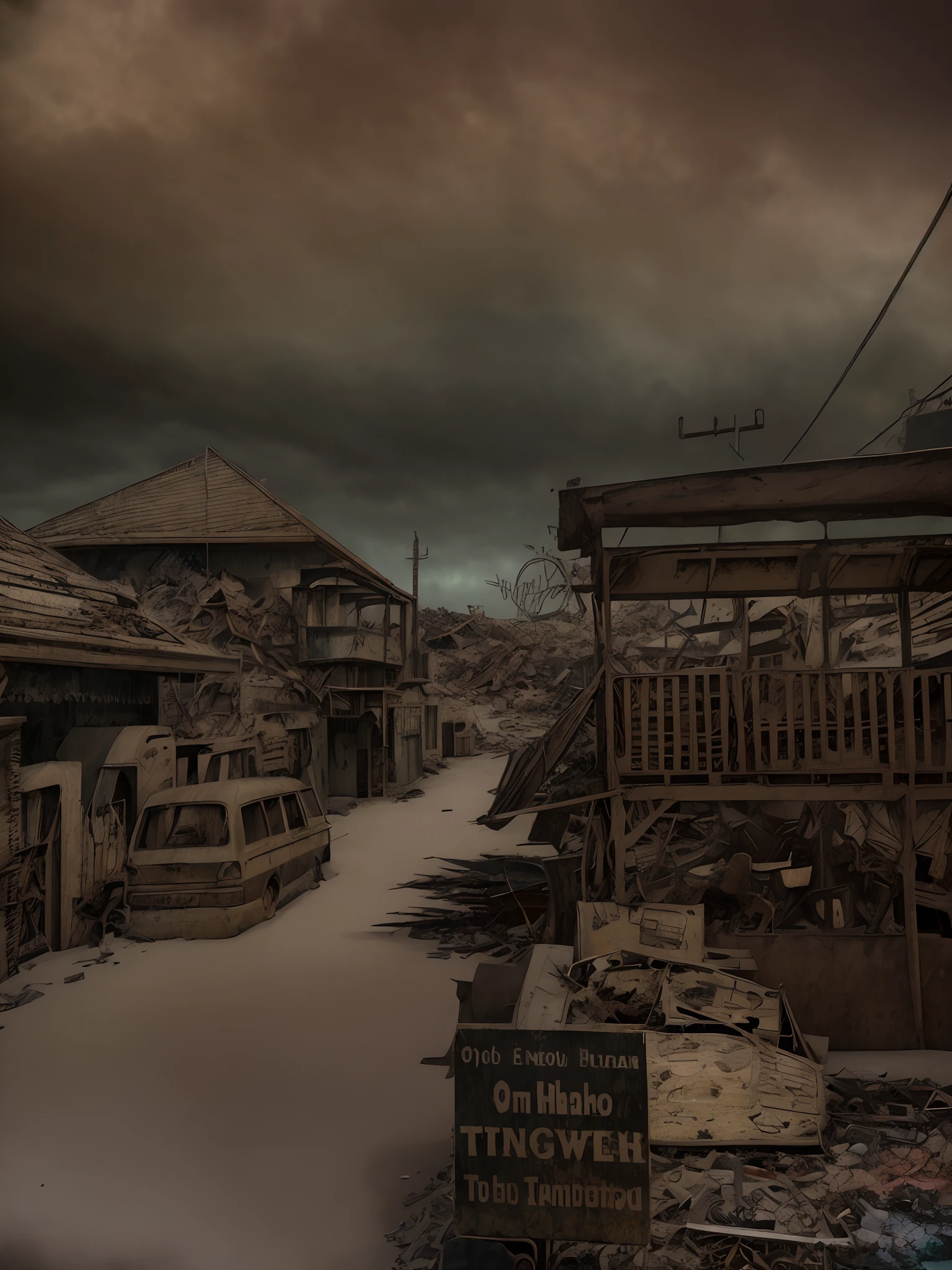 end of the world, (hdr:1.1), (muted colors:1.3),(broken rusty car:0.8), (shards of glass:0.3), (books on earth:0.3), car wreckage, correct scale, apocalypse, abandoned, neutral colors, night, screen space refractions, (intricate details), (intricate details, hyperdetailed:1.2), artstation, cinematic shot, vignette, complex background, buildings, snowy